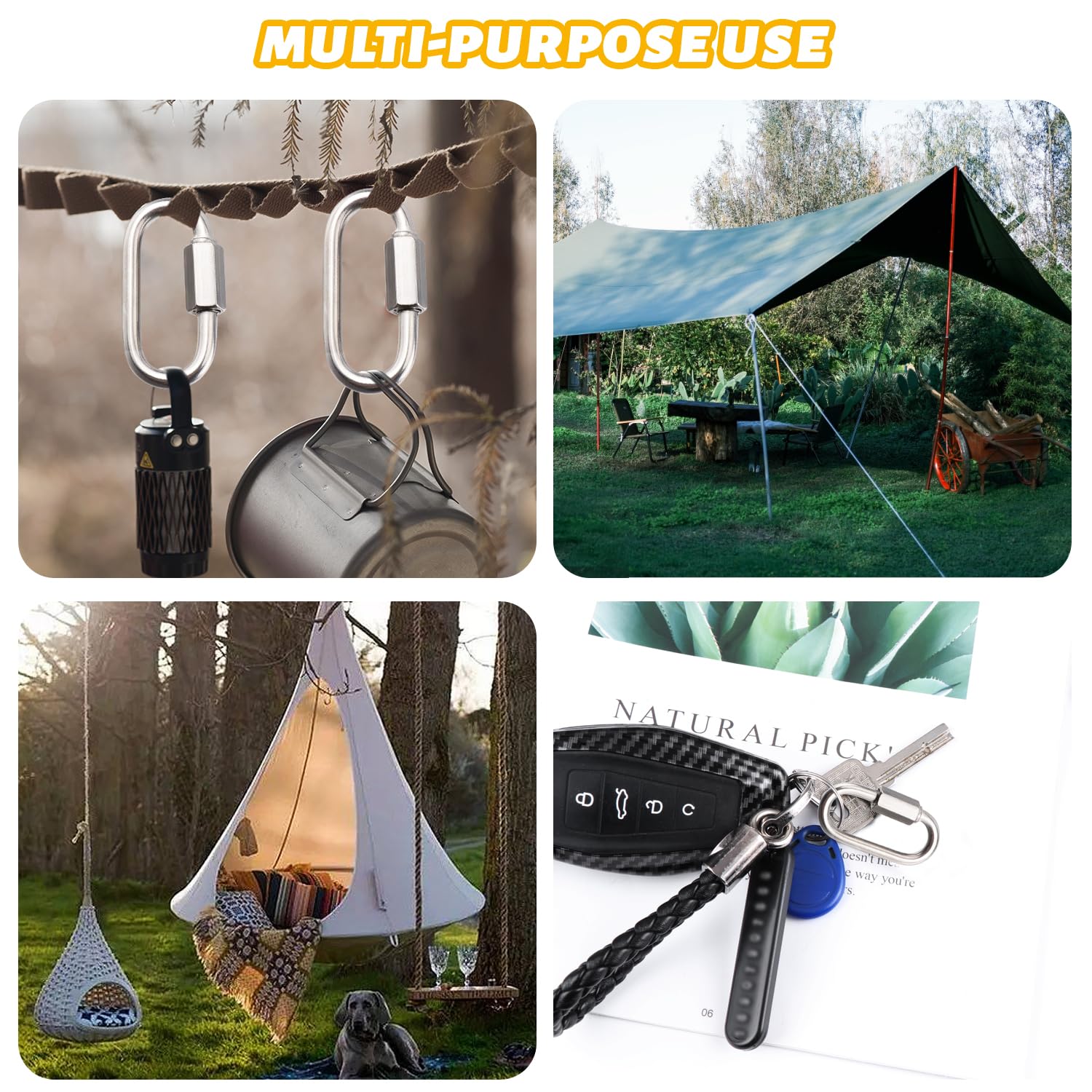 12 Pezzi Moschettone a Vite M6 in Acciaio Inox 304 - Connettori Moschettoni con Chiusura Avvitabile e Tappo Fisso Blocco Sicuro per Attrezzature Outdoor, Biciclette, Imbracature e Fai da Te