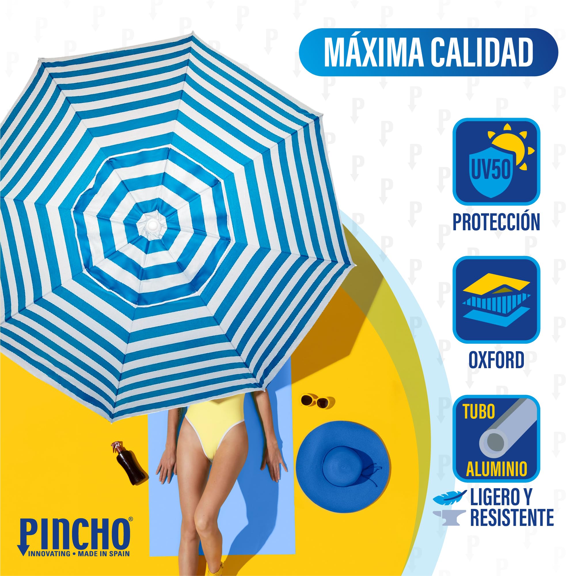 Pincho Sombrilla Playa Grande 220 cm, Antiviento hasta 35km/h, Protección UV 50, Materiales de Calidad, Tubo de Aluminio, 8 Varillas de Fibra, Palo reclinable