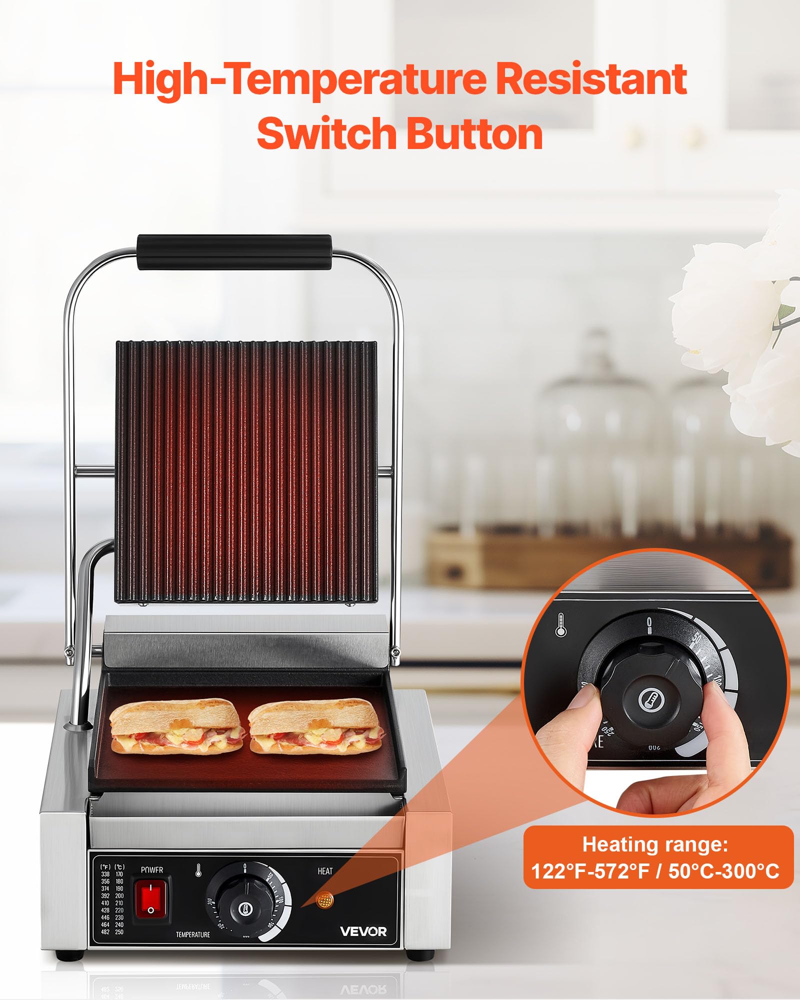 VEVOR Griglia Elettrica per Panini 1800W, Piastra per Panini Sandwich con Piastra Smaltata Piatta 22x23cm, Acciaio Inox, Maniglia, Controllo della Temperatura, per Hamburger, Bistecche