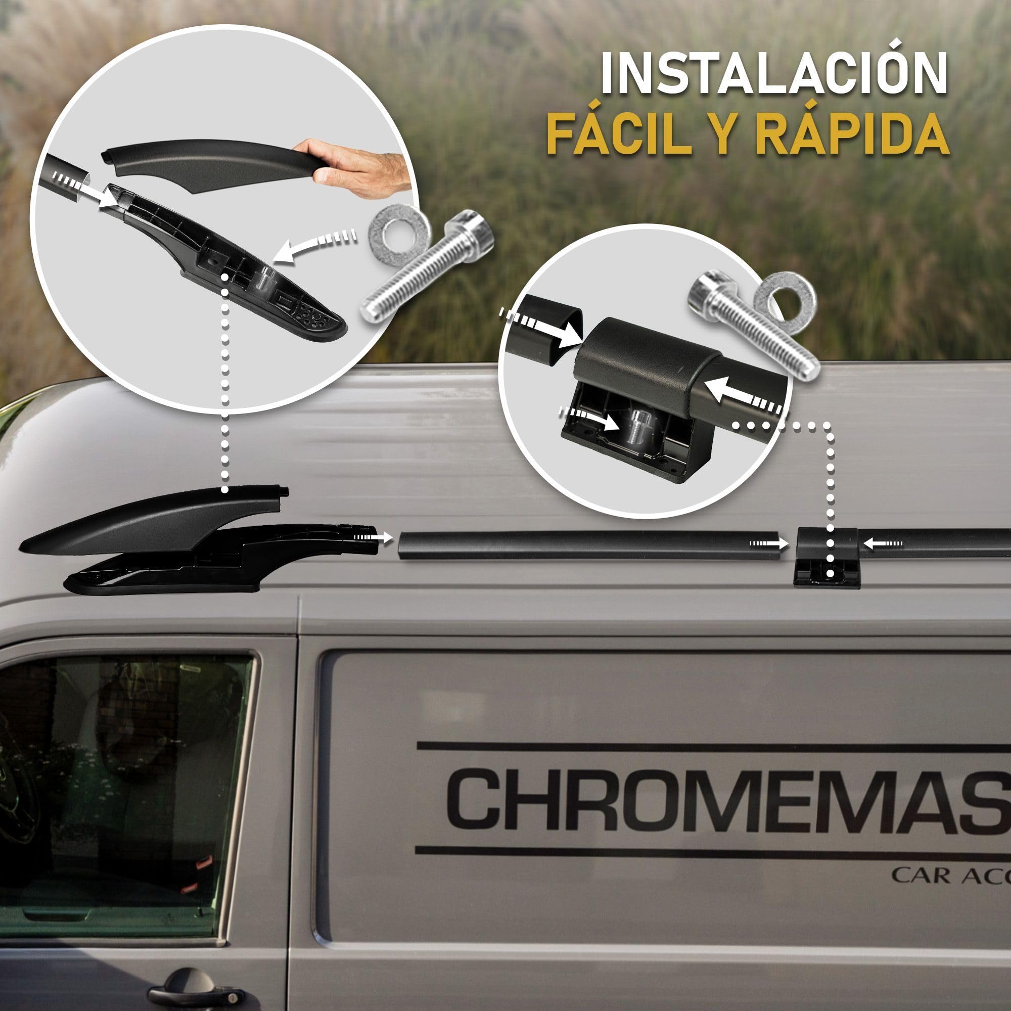 CHROMEMASTER | Barras Portaequipajes, Rieles de Techo Compatible con Ford Tourneo Custom L1 Corto 2023+; Se Utilizan para el Montaje de Portaequipajes de Techo, Cajas de Techo o Portabicicletas