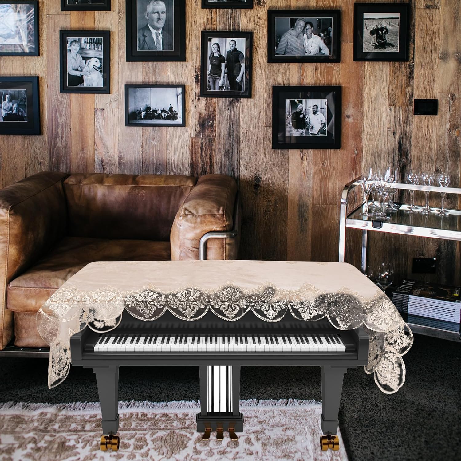 Kisangel Embroidered Lace Piano Cover Dustproof Half Cover for Electronic Keyboard Beige Protective Keyboard Accessory Suitable for Digital and Upright Pianos