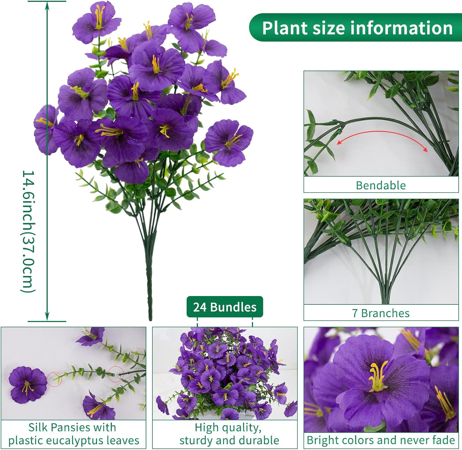 24 Bundles Artificial Pansy Flowers for Outdoor, UV Resistant Faux Silk Pansies for Window Box Planter, Fake Spring Flowers for Front Door Porch Patio Yard Decor (Purple)