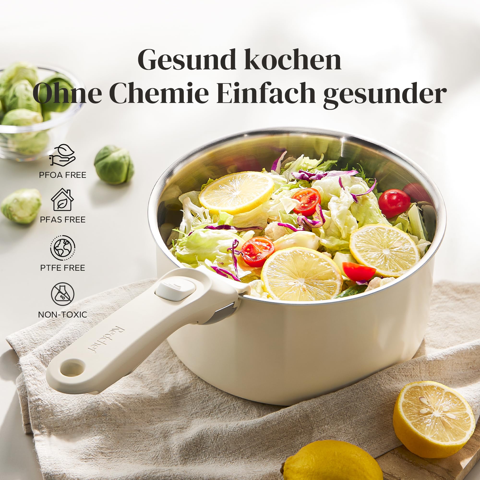 Redchef Batterie de cuisine induction acier inoxydable avec poignées amovibles, set 3 casseroles non revêtue 16/18/20 cm, compatible tous feux, couvercle 3 en 1, passe au four (beige)