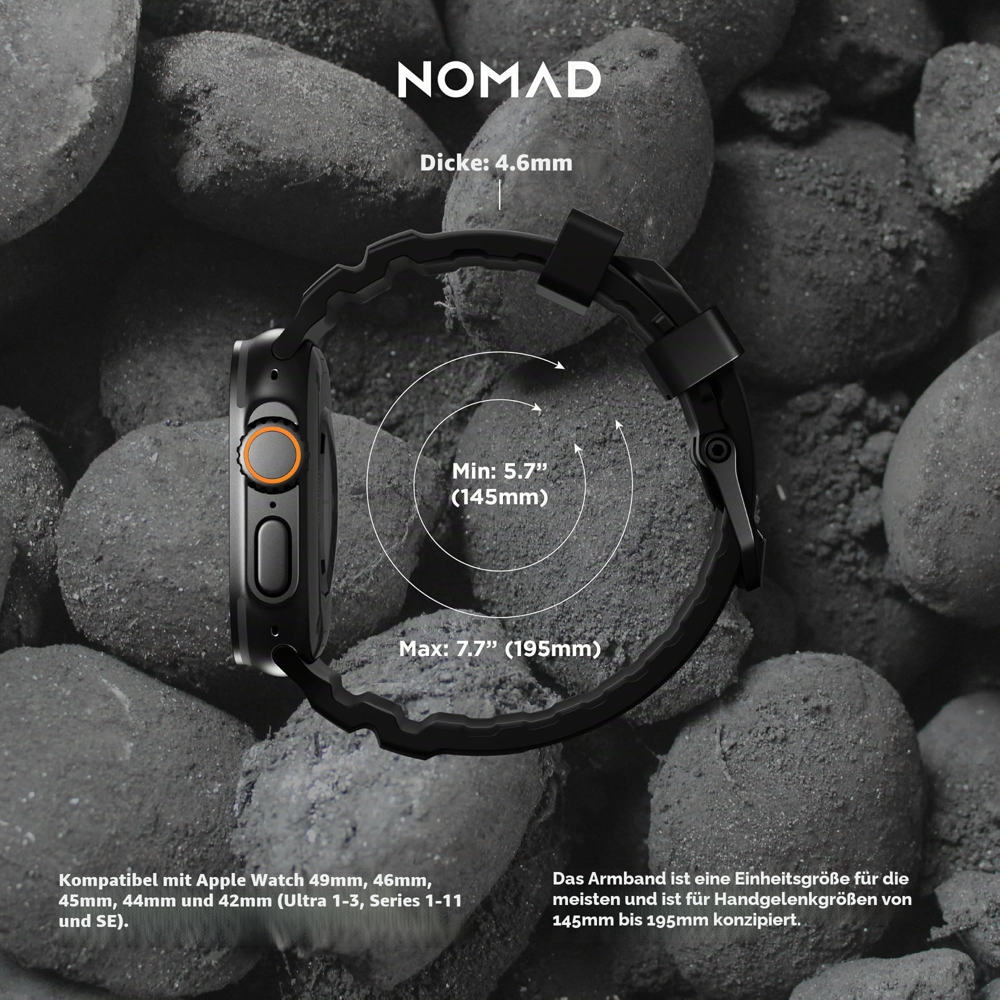 NOMAD Rocky Point Band | für Apple Watch 42/44/45/49 mm |ultimative leistungsstarke Uhrenarmband | Carbon Black Connector Black
