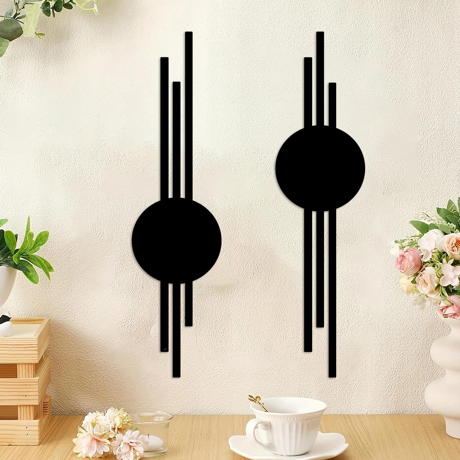 DUOOLN 2Pcs Abstract Metal Wall Decor, Black Modern Geometric Hanging Paintings, Minimalist Line Art Sculpture, Living Room Bedroom Bathroom Office Farmhouse Decoration-15.7x3.85in