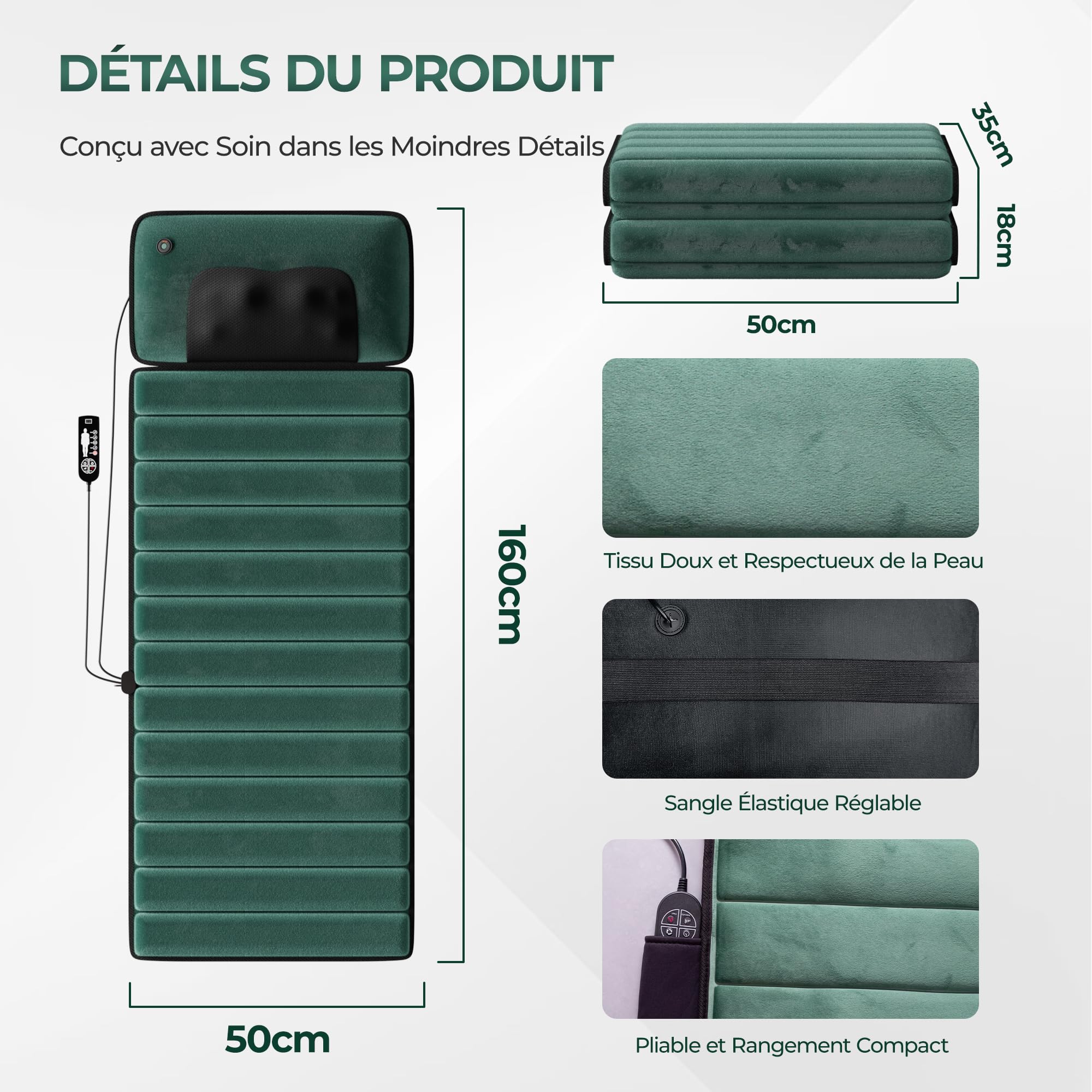 Tapis de Massage Shiatsu 3-en-1 : Masseur Cou Amovible, Matelas de Vibration Corps Entier avec Chaleur et Appareil de Massage des Pieds, Soulagement Dos et Jambes, Pliable, Velours, Vert