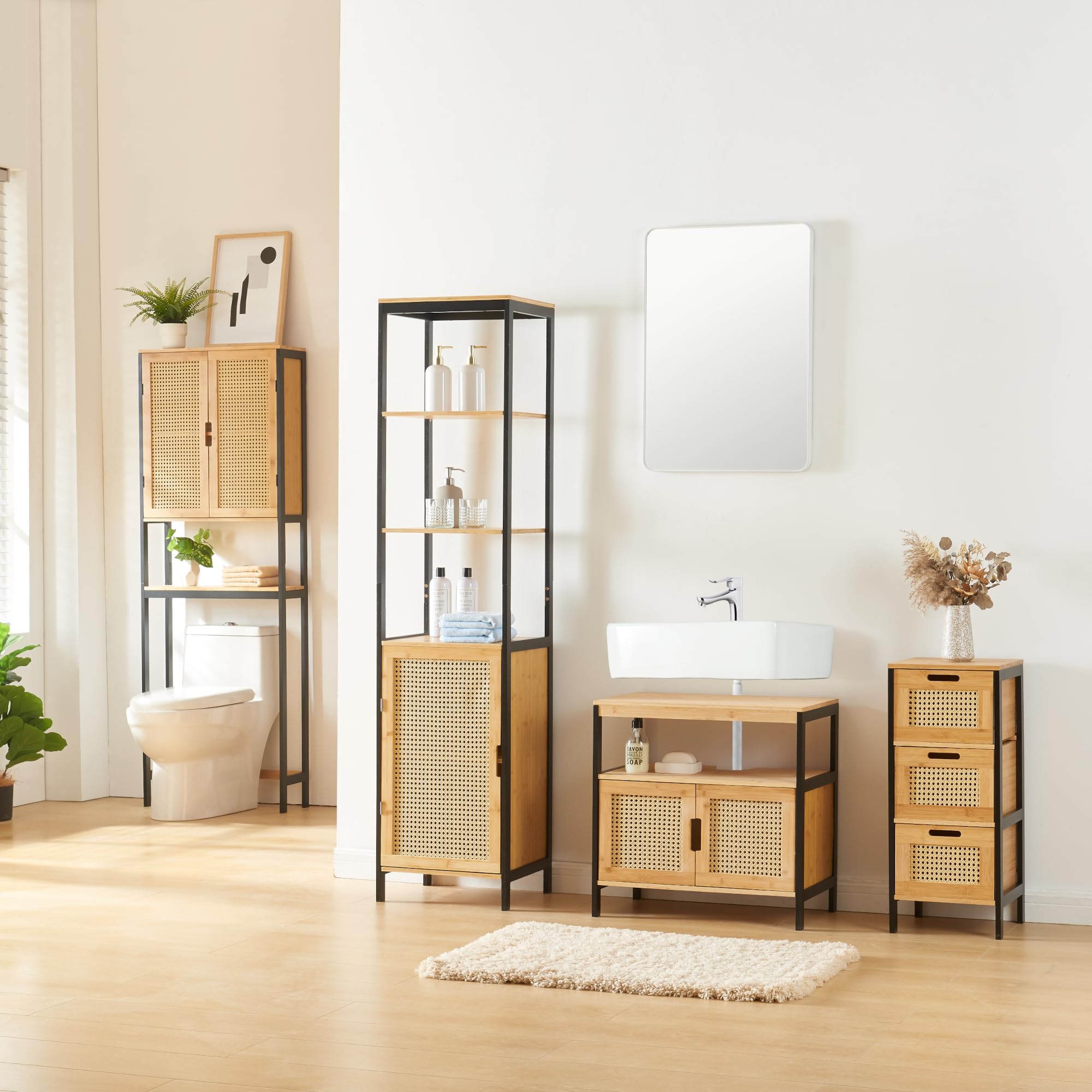 [en.casa] Cassettiera con 3 Cassetti Organizzatore Arredo Bagno da Stoccaggio con Piedini Ingresso Soggiorno 72 x 30 x 30 cm in Bambù - Nero/Naturale/Effetto Rattan