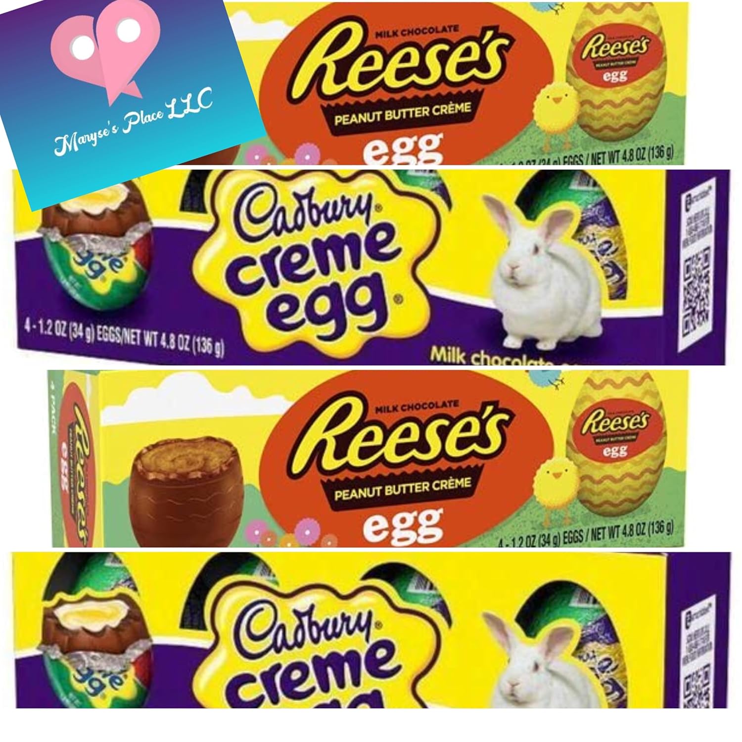Maryseplace Easter Eggs Variety packs of 2 Flavors- 16 Eggs Totals-Cadbury Creme Milk Chocolate Eggs(4) & ReesePeanut Butter Eggs(4) - Easter Chocolate - Gift Boxed, Easter Hunt, Easter Candy- Basket & Filler, Party Decor (16 Eggs)