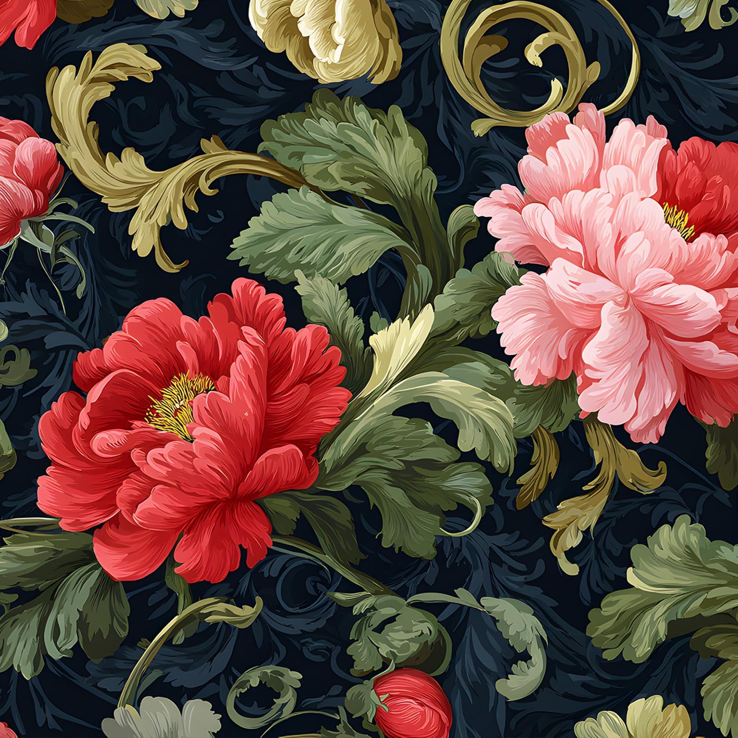 Vintage Peony Floral Wallpaper, Dark Navy Background with Red Pink Cream Blooms and Green Leaves, Classic Ornate Botanical Wall Covering for Bedroom Living Room Accent Wall Cabinets, 17.3" x 39.3"