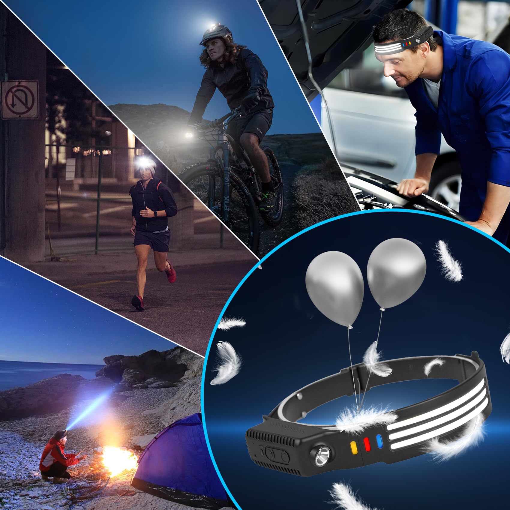 Stirnlampe, wiederaufladbar, 230° COB, Weitstrahl, LED mit Bewegungssensor, 1200 Lumen, LED-Stirnlampe mit 5 Lichtmodi, wasserdichtes Stirnlicht für Camping-Zubehör, Laufen, Wandern, 6 Stück