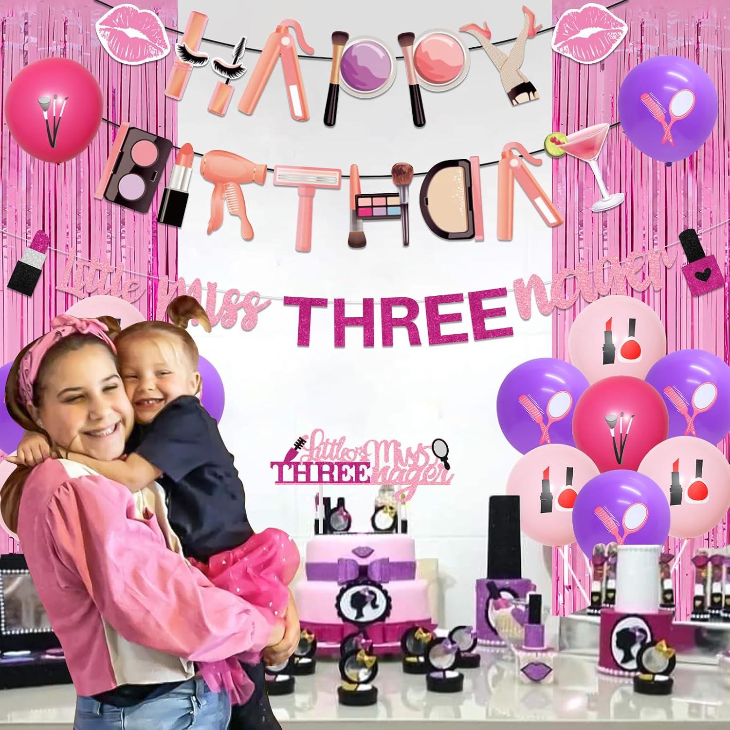 Little Miss Threenager Birthday Decorations Girl - Makeup 3rd Birthday Party Supplies with Little Miss Threenager Garland Cake Topper, Makeup Theme Banner, Foil Fringe for Spa Day Party