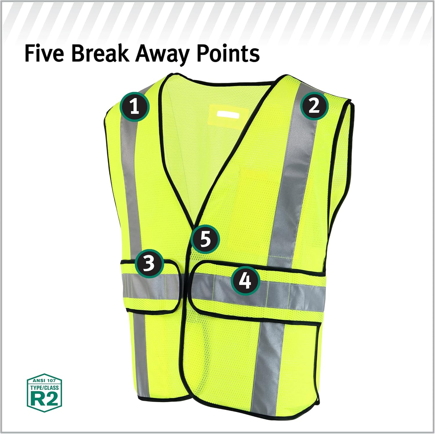 Safety Works High Visibility ANSI Class II Type R Breakaway Safety Vest, Five Point Breakaway, D-Ring Slot, One Size Fits Most, Yellow, (SW46202-O) - Image 4