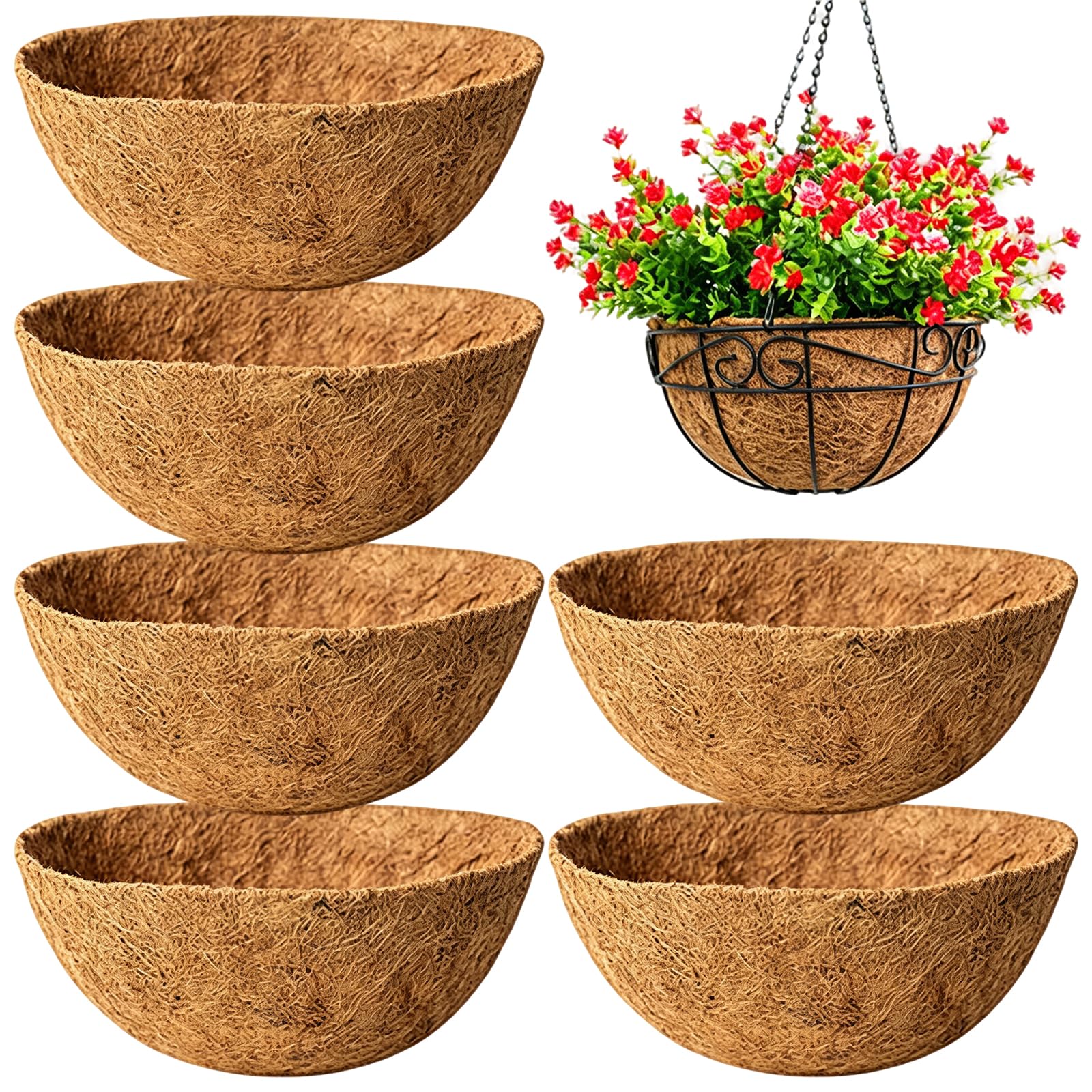 ZHUOmengyun 6Pcs Round Hanging Basket Liners, 12 Inch Coconut Liners for Planters Hanging Basket Liners Natural Coconut Husk Planter Liner for Flowers Vegetables Indoor Outdoor Decor