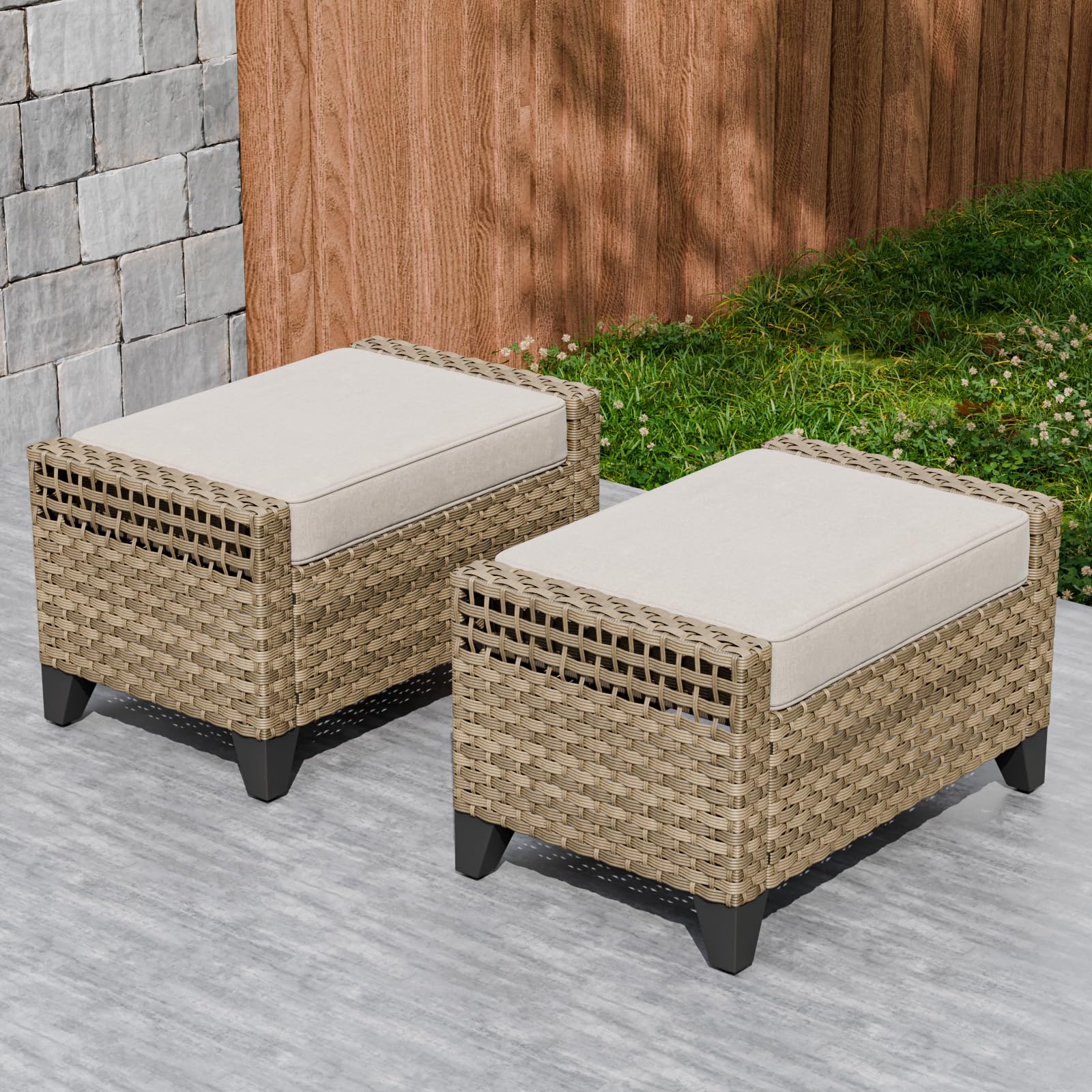 EAGLE PEAK 2 Piece Wicker Outdoor Ottoman, Patio Ottoman Foot Rest for Couch with Removable Cushions for Patio, Deck, Backyard and Poolside, Brown/