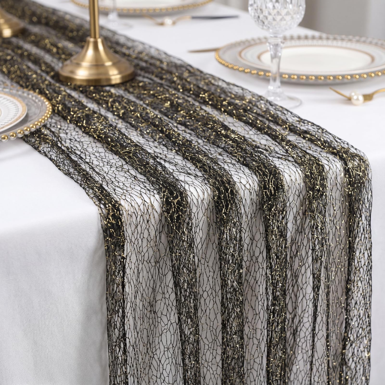 Photo 1 of Chicplaid 4 Pcs Black and Gold Table Runner, Striped Gauze Sheer Table Runners 27.6 x 71 Inch, Black Gold Party Decorations for Graduation Movie Night 1920s Wedding Birthday Anniversary