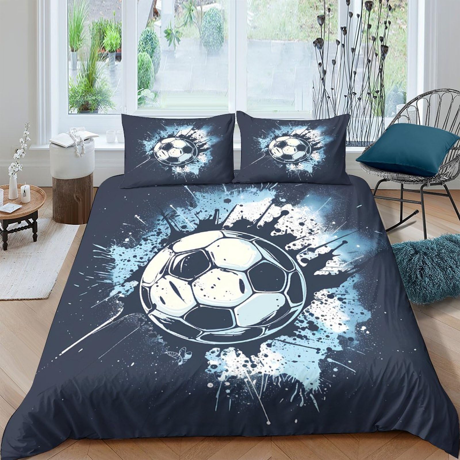 GPLZQXKJNH 3D Printed Soccer Graffiti Duvet Cover Microfiber Soft Breathable Football Splash Bedding Set with 2 Pillowcases for Bedroom Home Decor Single（135x200cm）