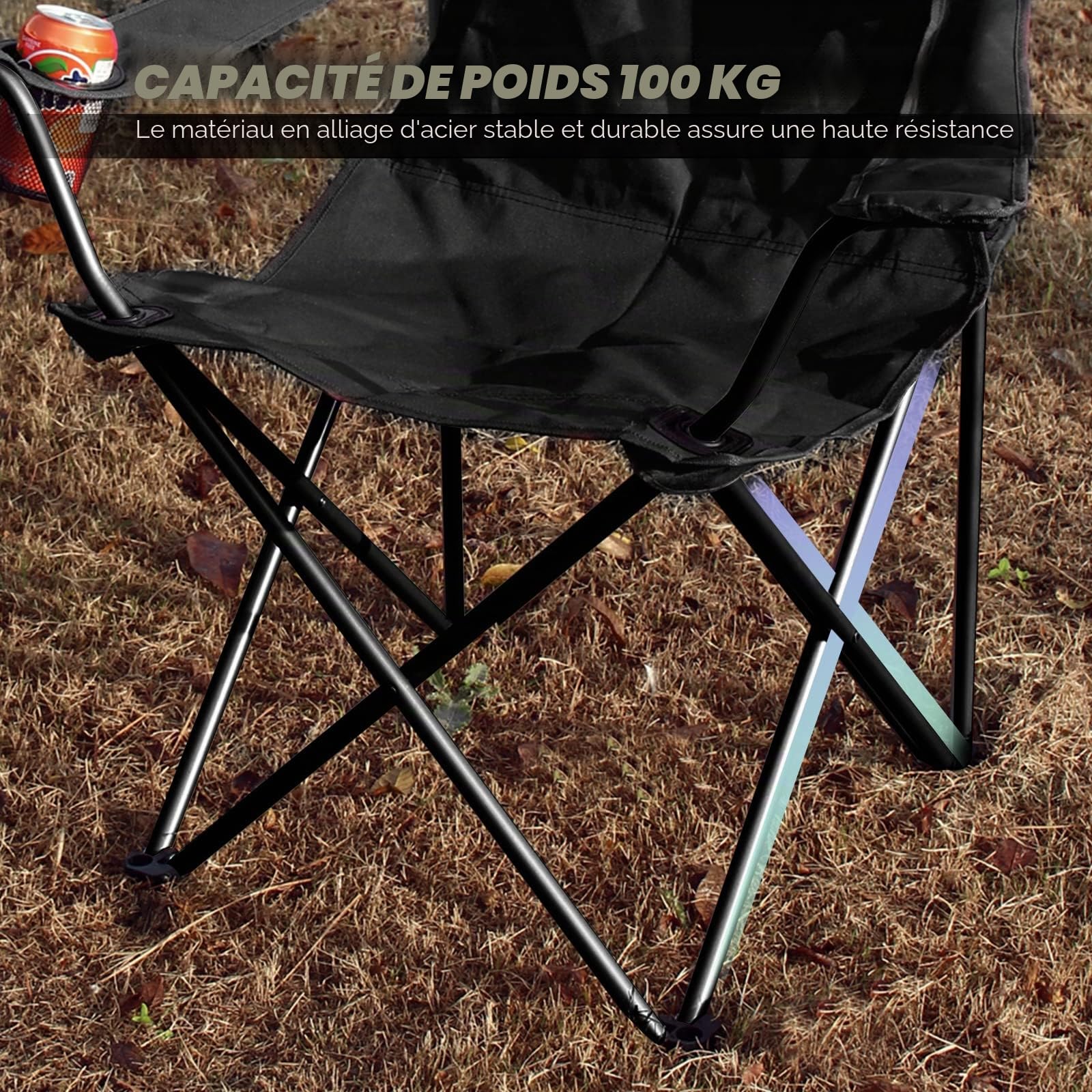 Lot de 2 Chaise de Camping Pliante, Siège Pliable Portable Chaise Camping avec Porte-gobelet, Capacité 100kg, Adaptée au Camping, à la Plage, au Barbecue, à la Pêche - Noir WY-G-439