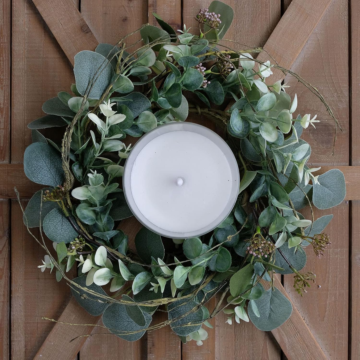 idyllic 12” Artificial Green Leaves Wreath Eucalyptus Round Wreath for Home Decoration Rustic Farmhouse Decor for Festival Celebration Front Door (2 Pack) - Image 6