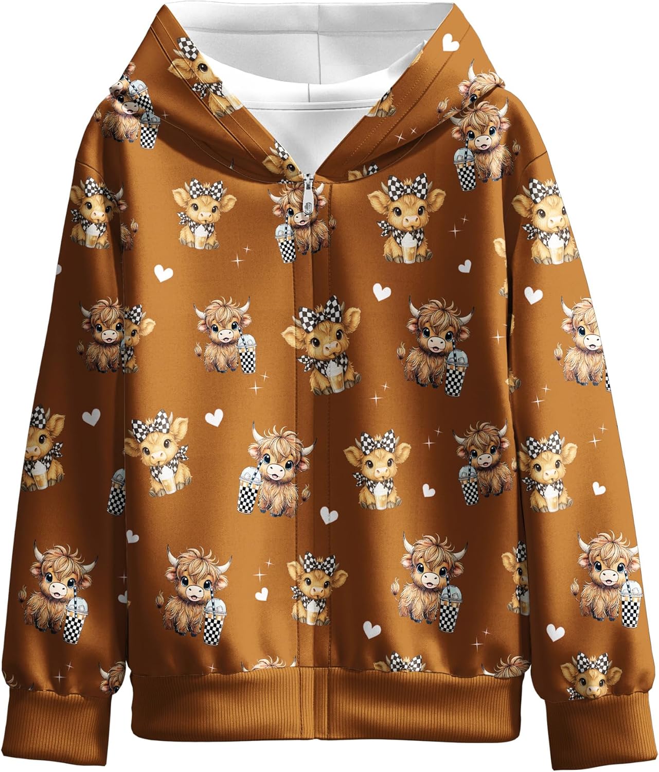 Girls Highland Cow Hoodies Cute Coat with Cow Print Zip-Up Outerwear Jacket for Kids 3-12Y