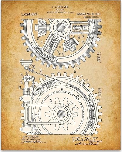 Gears Patent Print - Mechanical Gearing Vintage Print, Classic Garage Sign Poster, Home and Auto Shop Decoration, Industrial and Engineering Art