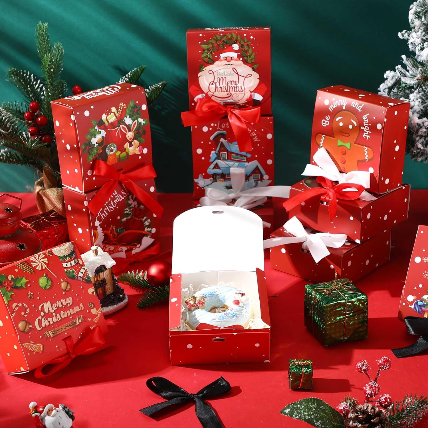 Cholemy 60 Pcs Christmas Gift Boxes with Lids Bulk, 4.5 x 4.5 x 1.95 Inch Small Christmas Boxes with Bows for Gift Card Chocolate Crafting Xmas Party Favor Supplies, 12 Styles