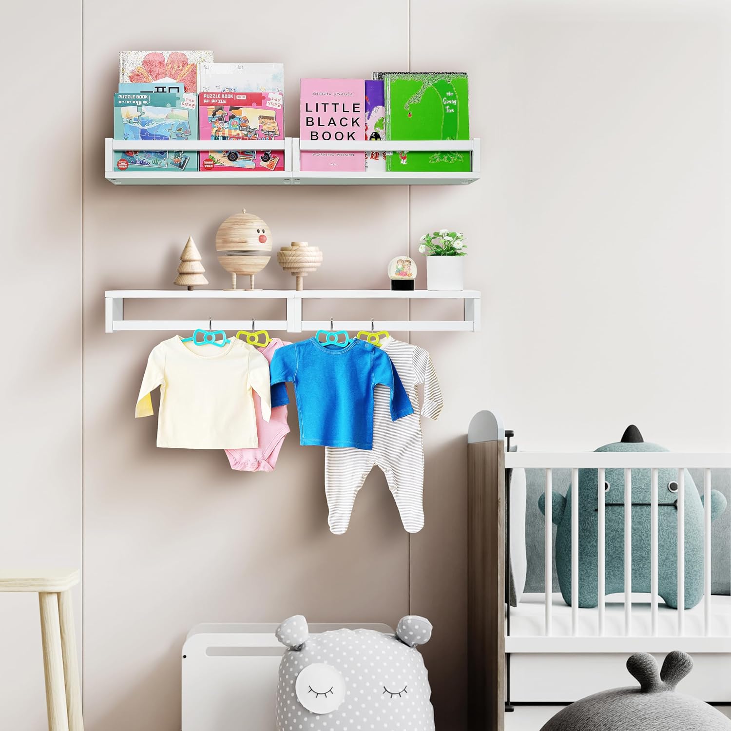 Ollieroo Set of Four Floating Book Shelves for Wall, Nursery Book Shelf for Kids Room, Bamboo Wood Hanging Bookshelf for Baby Teen Boys Girls, Wall Mounted Shelves for Bedroom Bathroom Decor(White)