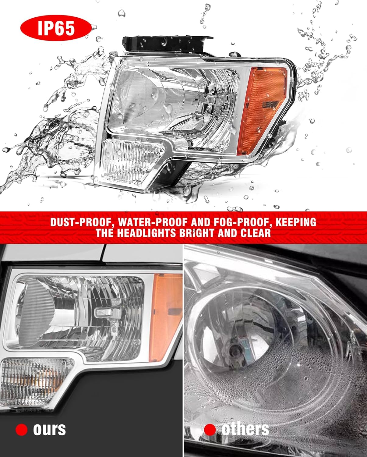 Headlight Assembly for 2009 2010 2011 2012 2013 2014 Ford F150 Pickup Headlamp Left and Right Sides Chrome housing(Bulb Not Included)（W/O Bulbs）