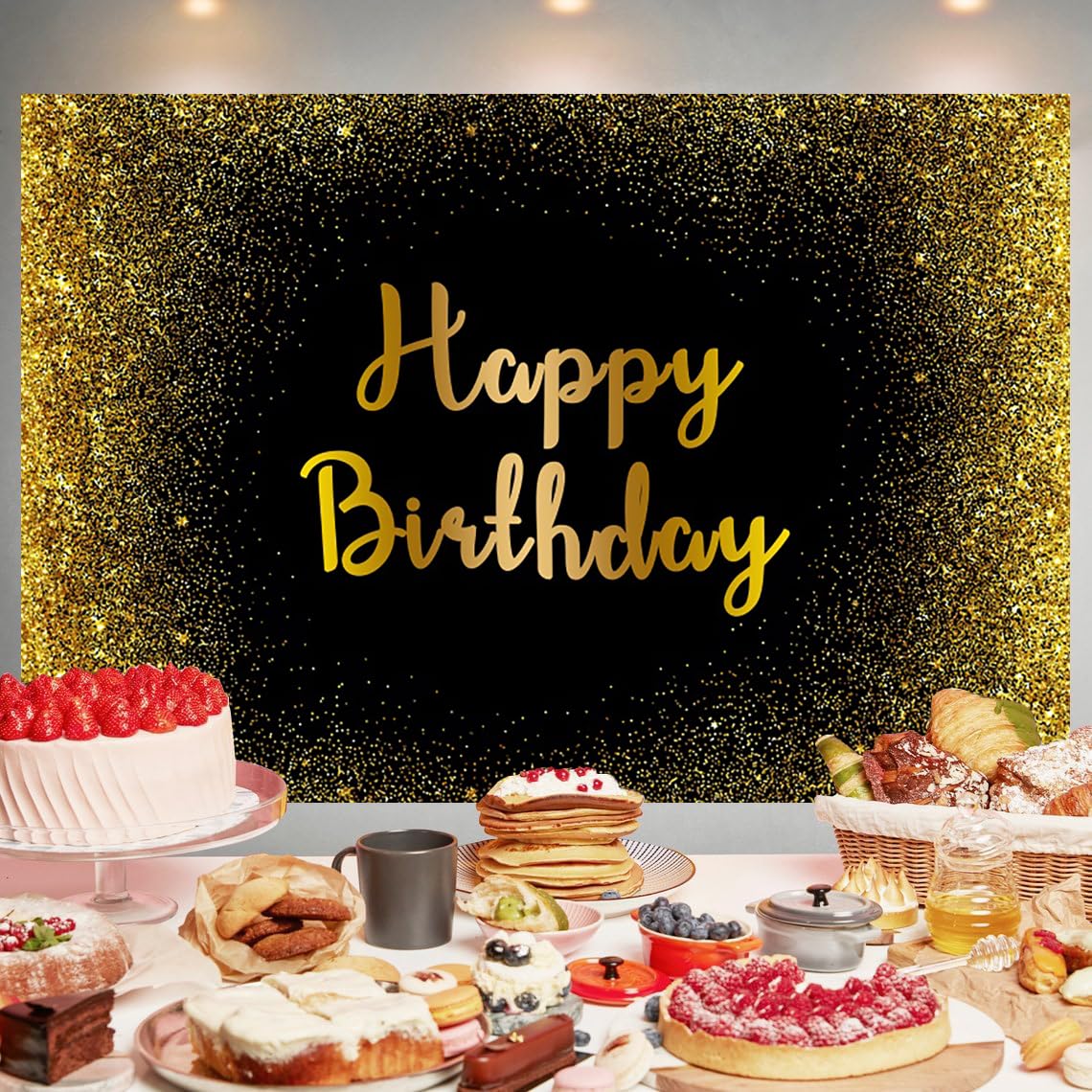 Fotohintergrund Happy Birthday Schwarz-gold – 2.8x1.5m, Vinyl, Mit Goldglitzer-Punkten
