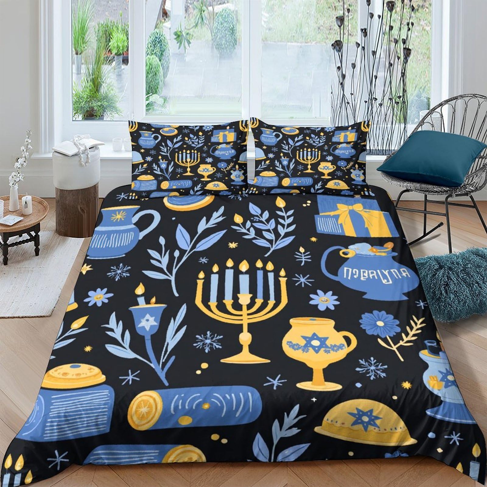 Ctjqhvkz Style-5 3D Printed Hanukkah Elements Fitted Sheet Microfiber Soft Blue Yellow Festival Bed Cover For Bedroom Dorm Decor Single（135X200cm）