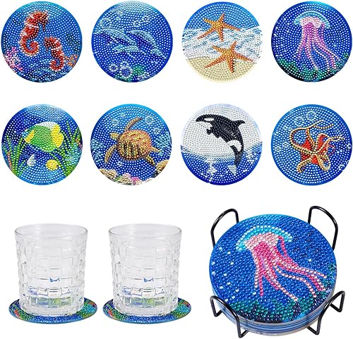 Craftdady Juego de 8 piezas de pintura de diamantes oceánicos para adultos, posavasos de arte de diamantes con soporte, posavasos acrílicos para