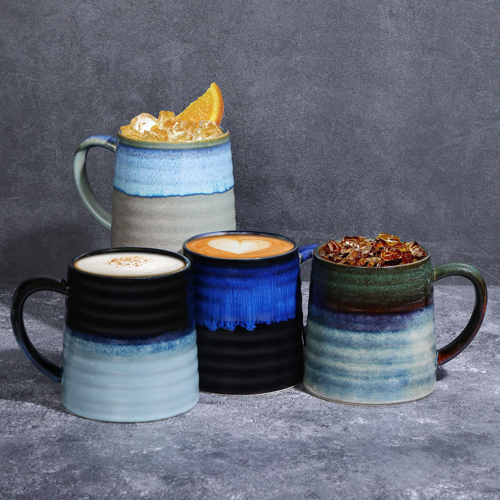 700ml Taza de Café de cerámica extra grande con asa grande, 25Oz taza de té de grand para la oficina y el hogar, apta para microondas y lavavajillas, textura esmaltada hecha a mano (Azul Estrellado)