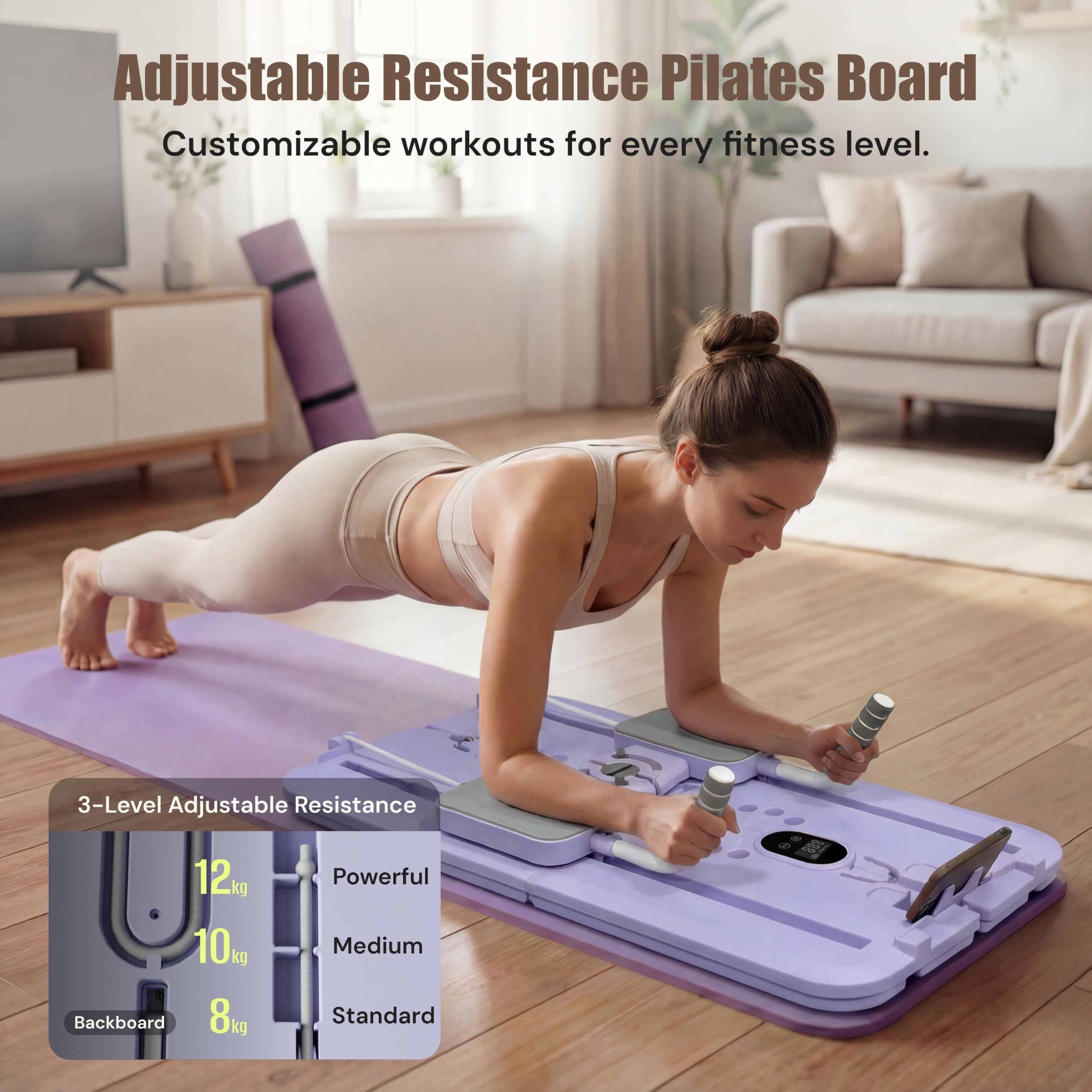 MaxU Pilates Board Reformer, Faltbares Pilates-Brett mit Ski-Modul, 3-stufigen Widerstandsbändern, Zähler für Kalorien/Zeit/Wiederholungen, 450 lbs Tragkraft, Handyhalter, Home Workout