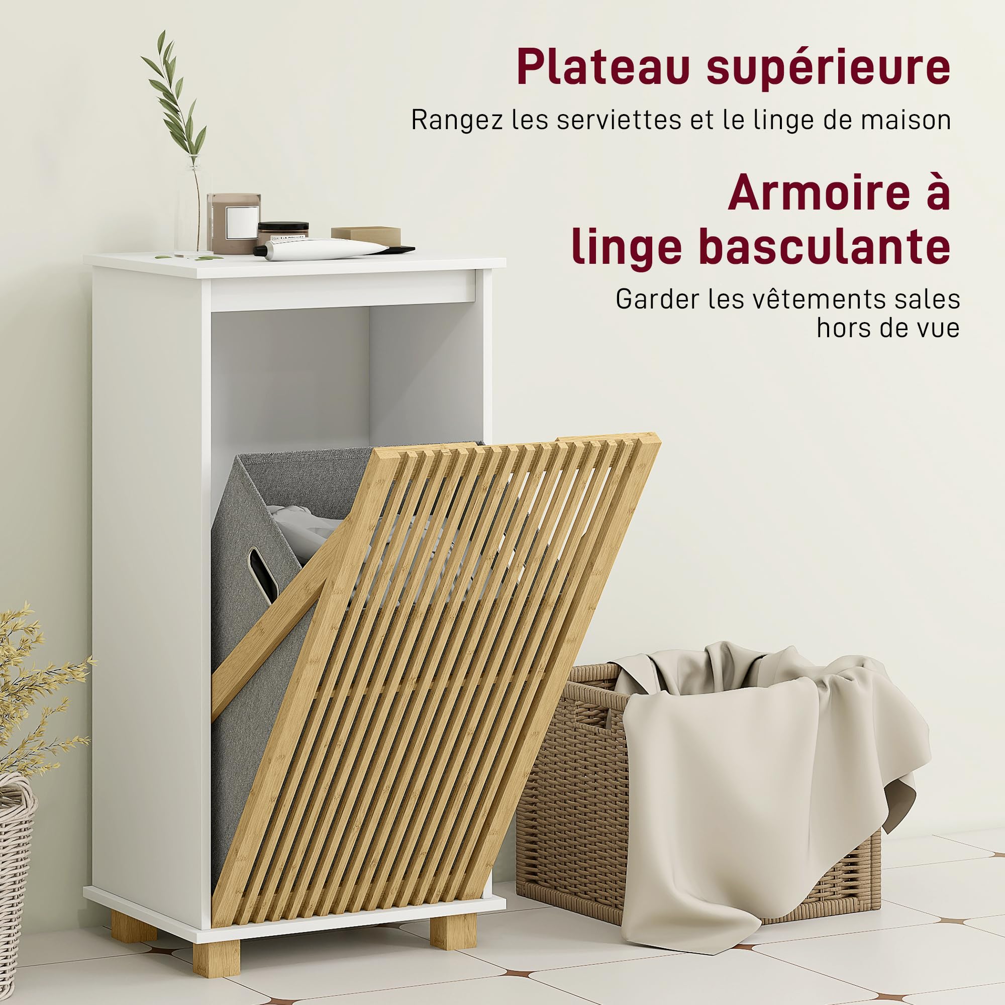 HOMCOM Meuble salle de bain 40 x 30 x 80 cm Blanc et Effet Bois Naturel | Panier À Linge, Armoire De Rangement, Porte À Lattes En Bambou, Sac Amovible