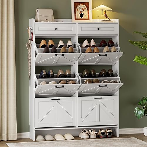 Vista 11 de Armario de almacenamiento de zapatos para entrada, armario ancho de casa de campo con 4 cajones abatibles y 2 cajones superiores, organizador Blanco