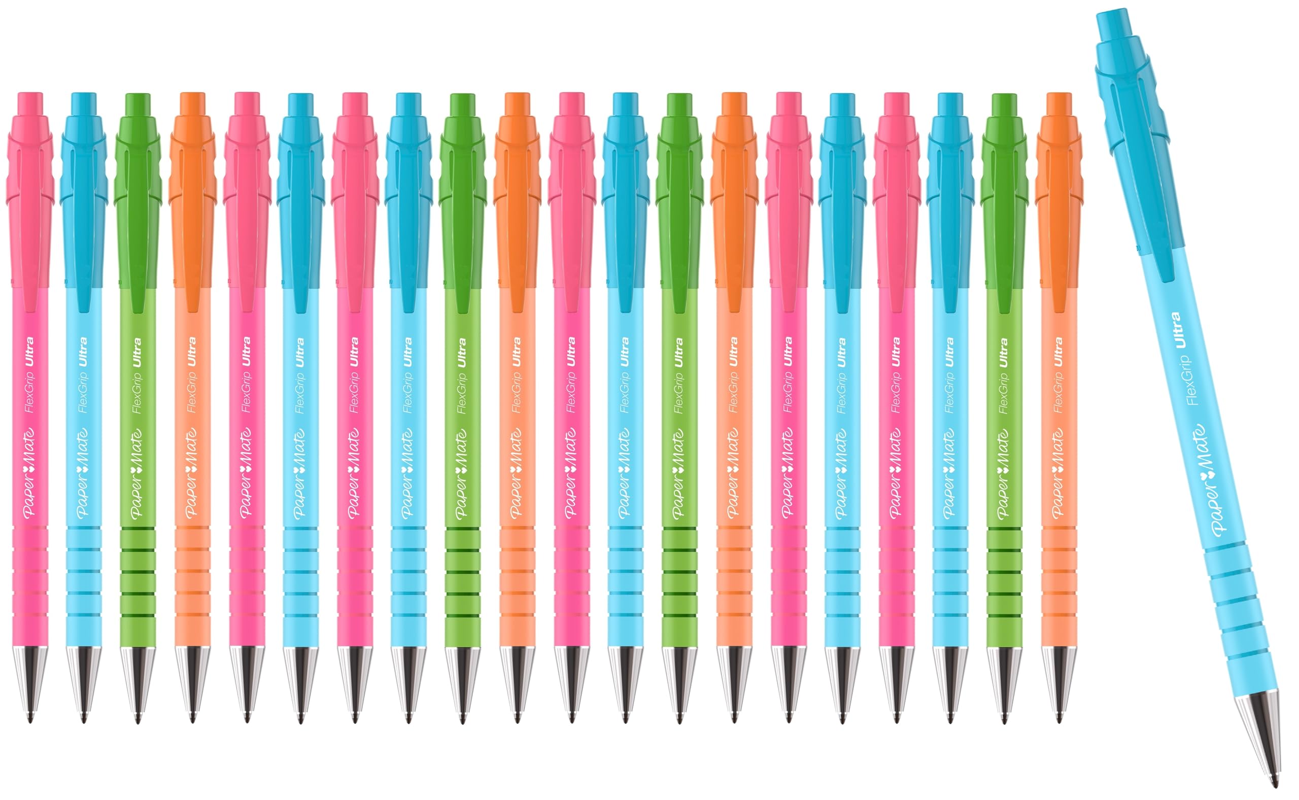 Paper Mate FlexGrip Ultra Retractable Ballpoint Pens | 20 Pack | Blue Ink | Medium Point 1.0mm | Bright Retro Barrels