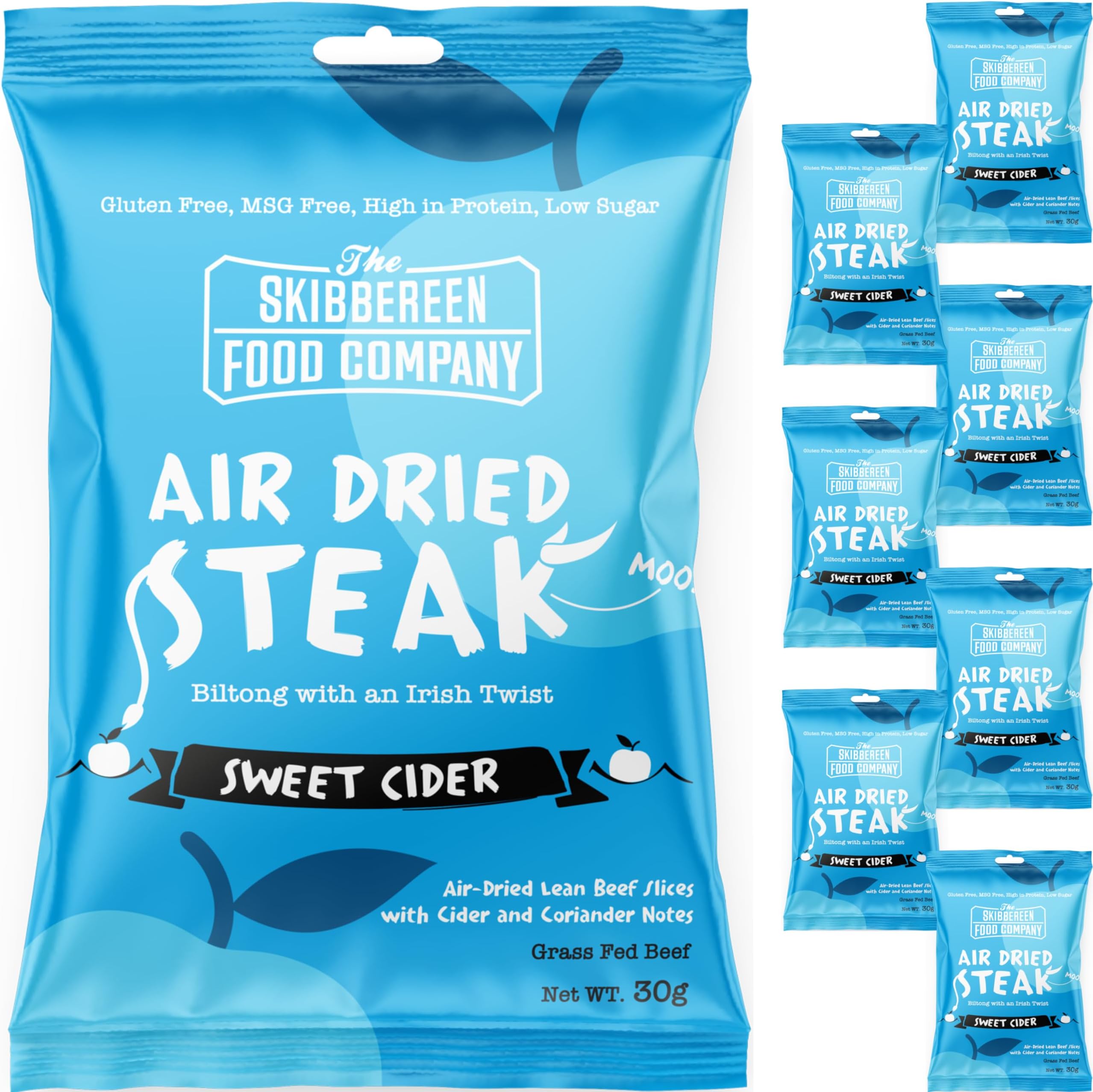 Skibbereen Lean Beef Biltong, 8 x 30g High Protein Snacks - Grass Fed Protein Bites - Low in Sugar, Gluten Free, MSG Free Carnivore Bar - Air Dried Beef Jerky Bulk Meat Snacks, Sweet Cider Flavour