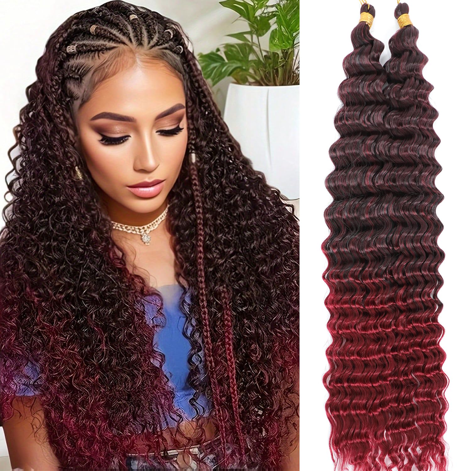 Ocean Wave Crochet Hair Deep Wave Braiding Hair 24 Inch 2 Packs Curly Wavy Hair for Boho Braids Synthetic Hair Extensions for Black Women (T1B/BUG)