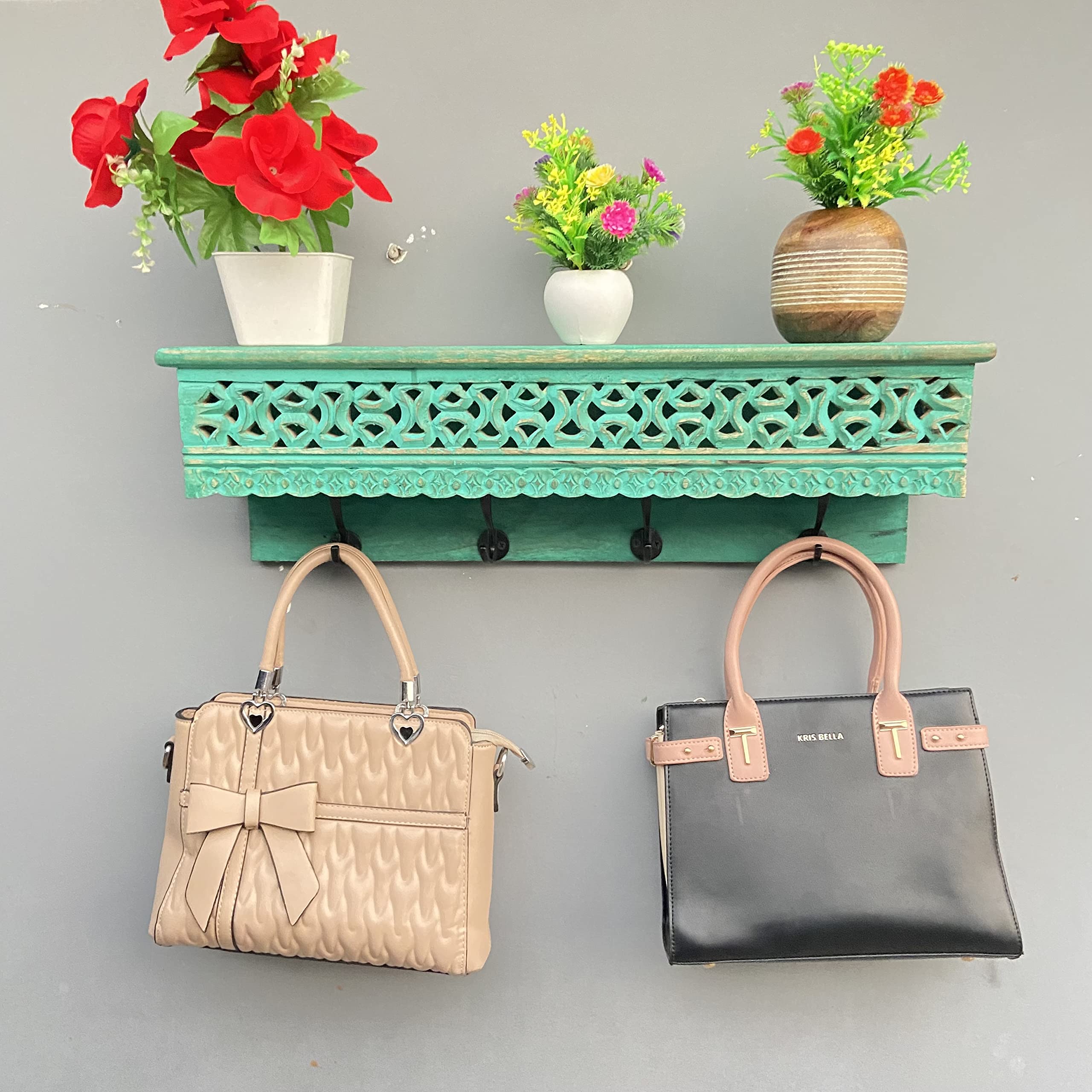 Wooden Wall Shelf Wooden Wall Shelf (Number of Shelves - Green) 4 Hook in Mango Wood