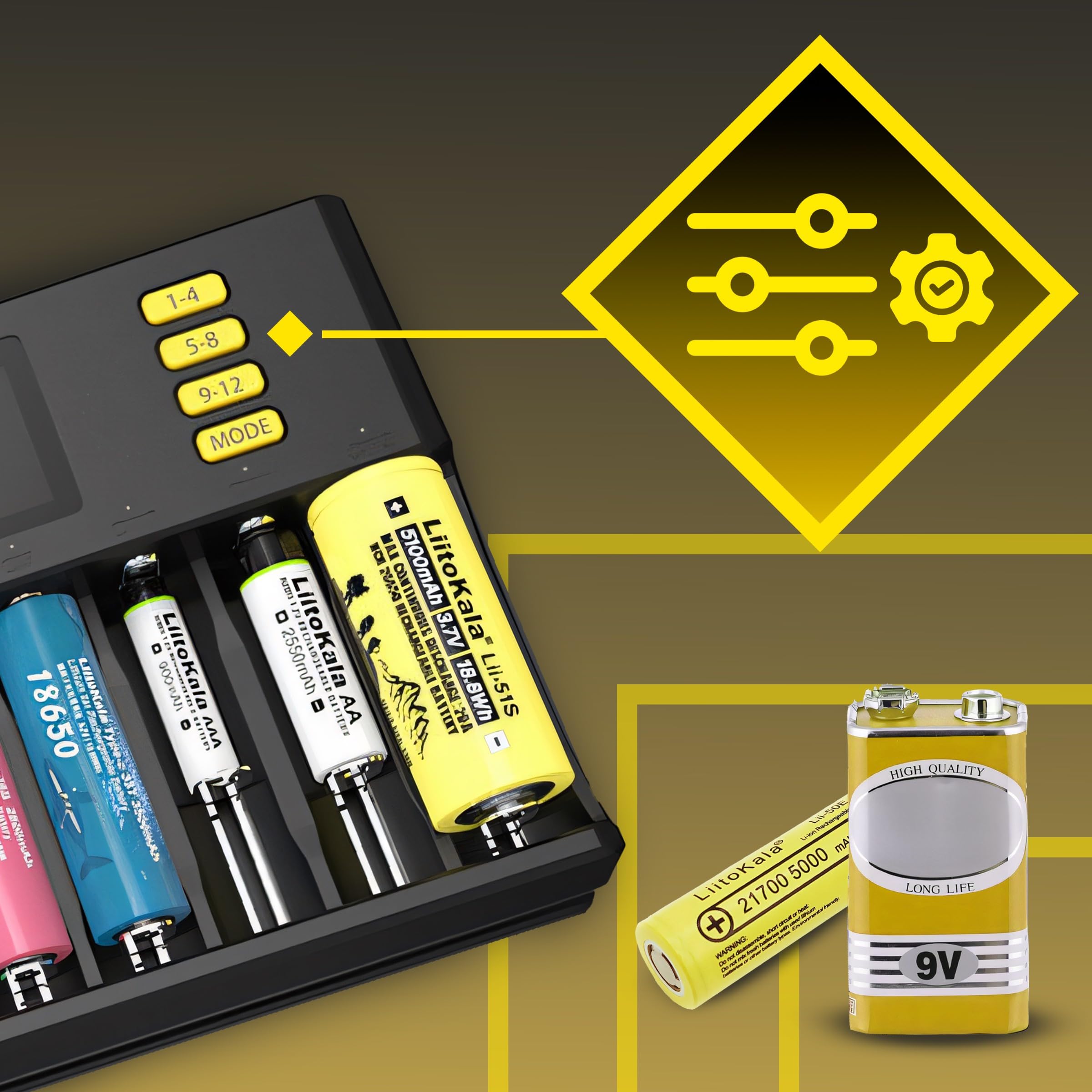 Retoo Ładowarka do akumulatorów AA, AAA, 9 V NI-MH/NI-CD, Li-ion-3,70 V/3,80 V, LiFePO403.20V, 12 miejsca do ładowania, uniwersalna szybka ładowarka z wyświetlaczem LCD, baterie wielokrotnego