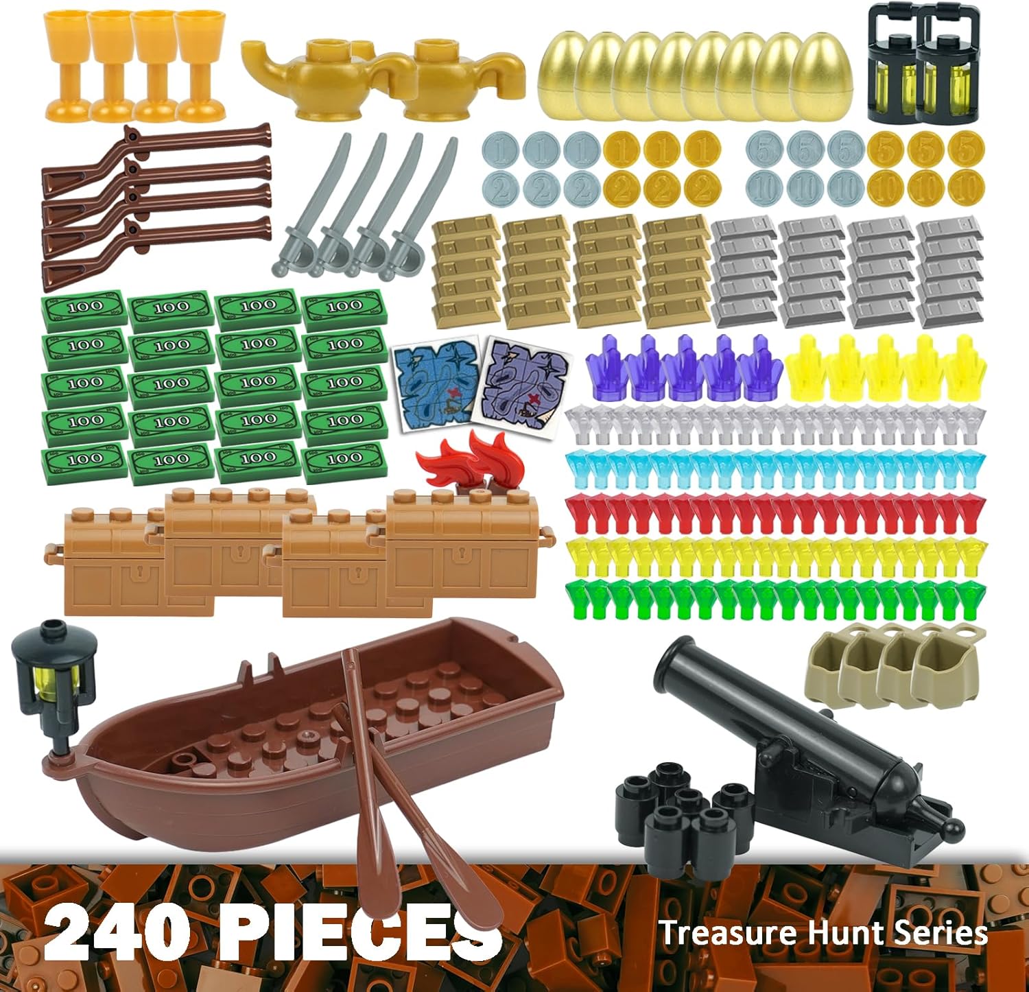 MALEKO Money Pirate Ship Treasure Accessories, Bank Dollars Cannon Crystals Gems Coins Gold Bar Silver Map Cash Chest, City Friends People Weapons Bricks Parts and Pieces Building Blocks Toys