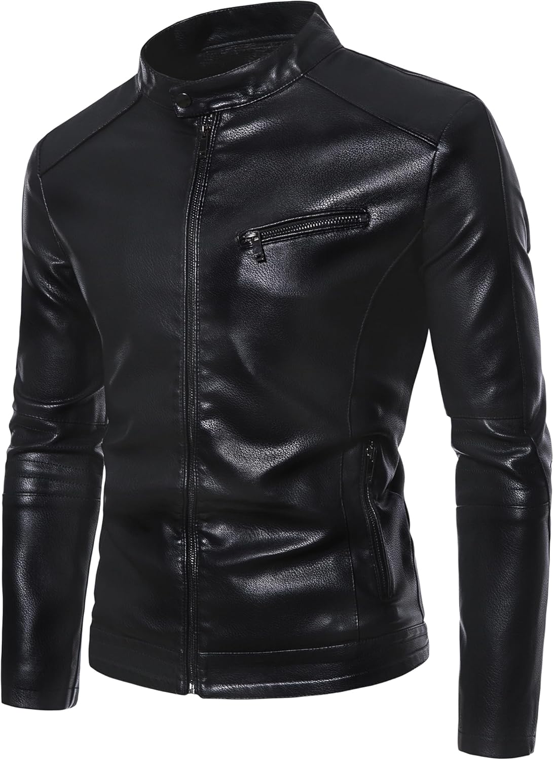 PEGENO Men's Leather Jacket Zipper Pocket Faux Leather Motorcycle Jacket