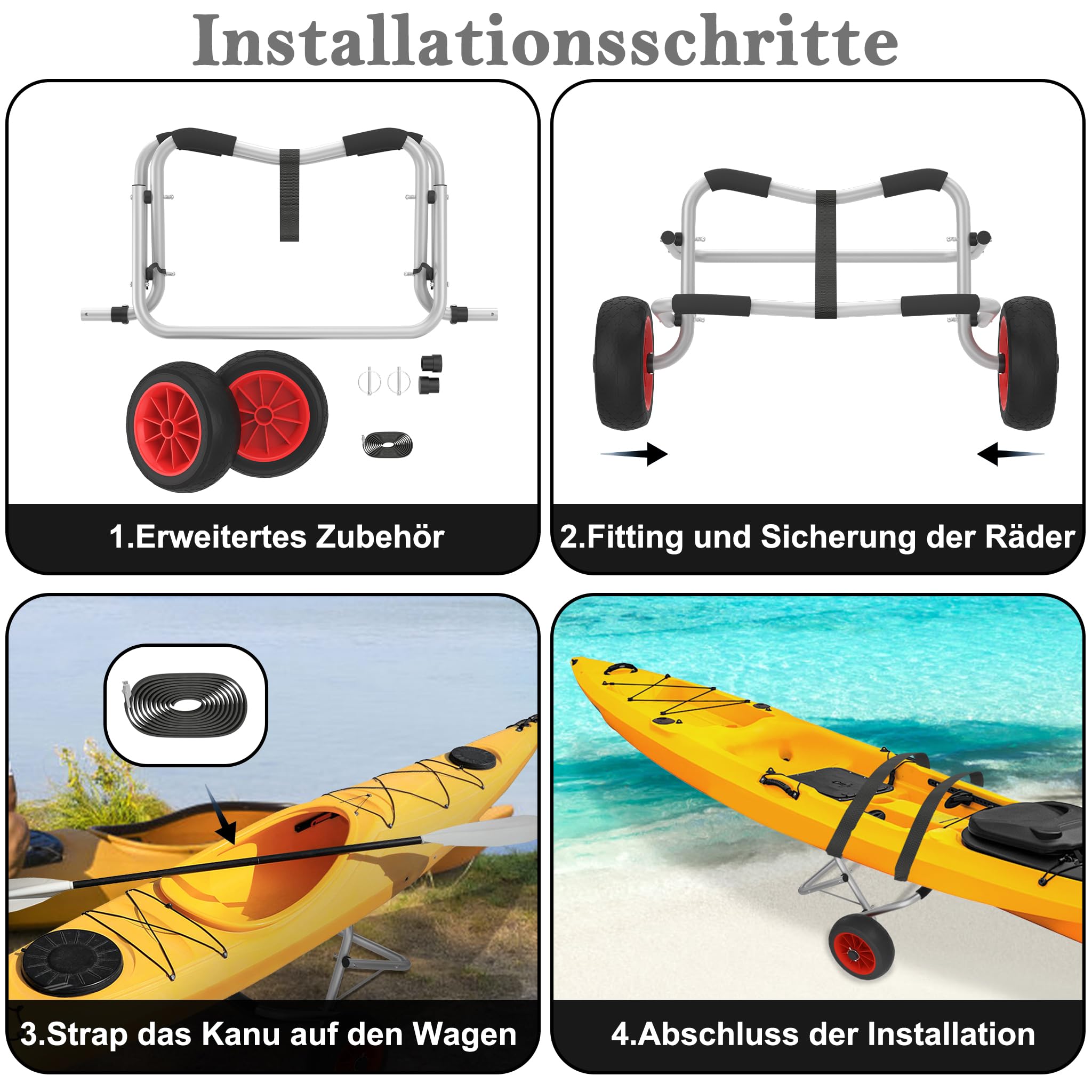 Faltbarer Kanuwagen & Kajakwagen aus Aluminium – Transportwagen für Kajak, Kanu & SUP, mit 2 PU-Rädern, Spannriemen, Traglast bis 100 kg