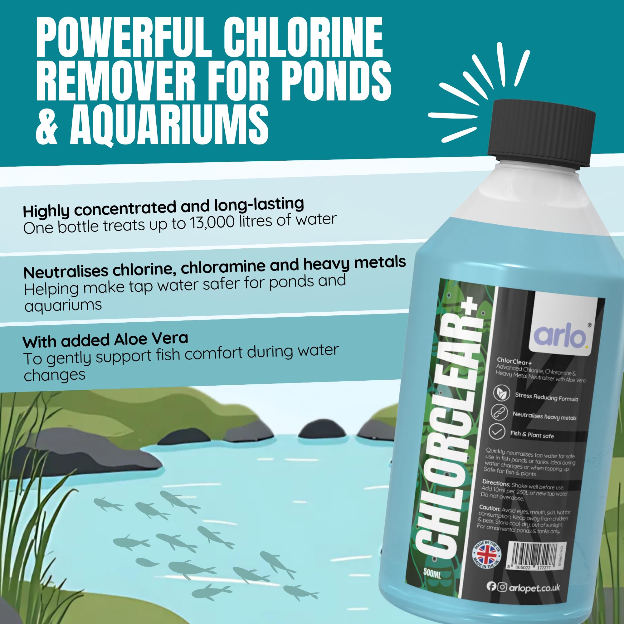 ChlorClear+ treats 13,000L Pond & Aquarium Water Conditioner 500ml | Neutralises Chlorine, Chloramine & Heavy Metals | Aloe Vera Stress Reducing Formula | Fish & Plant Safe — view 2