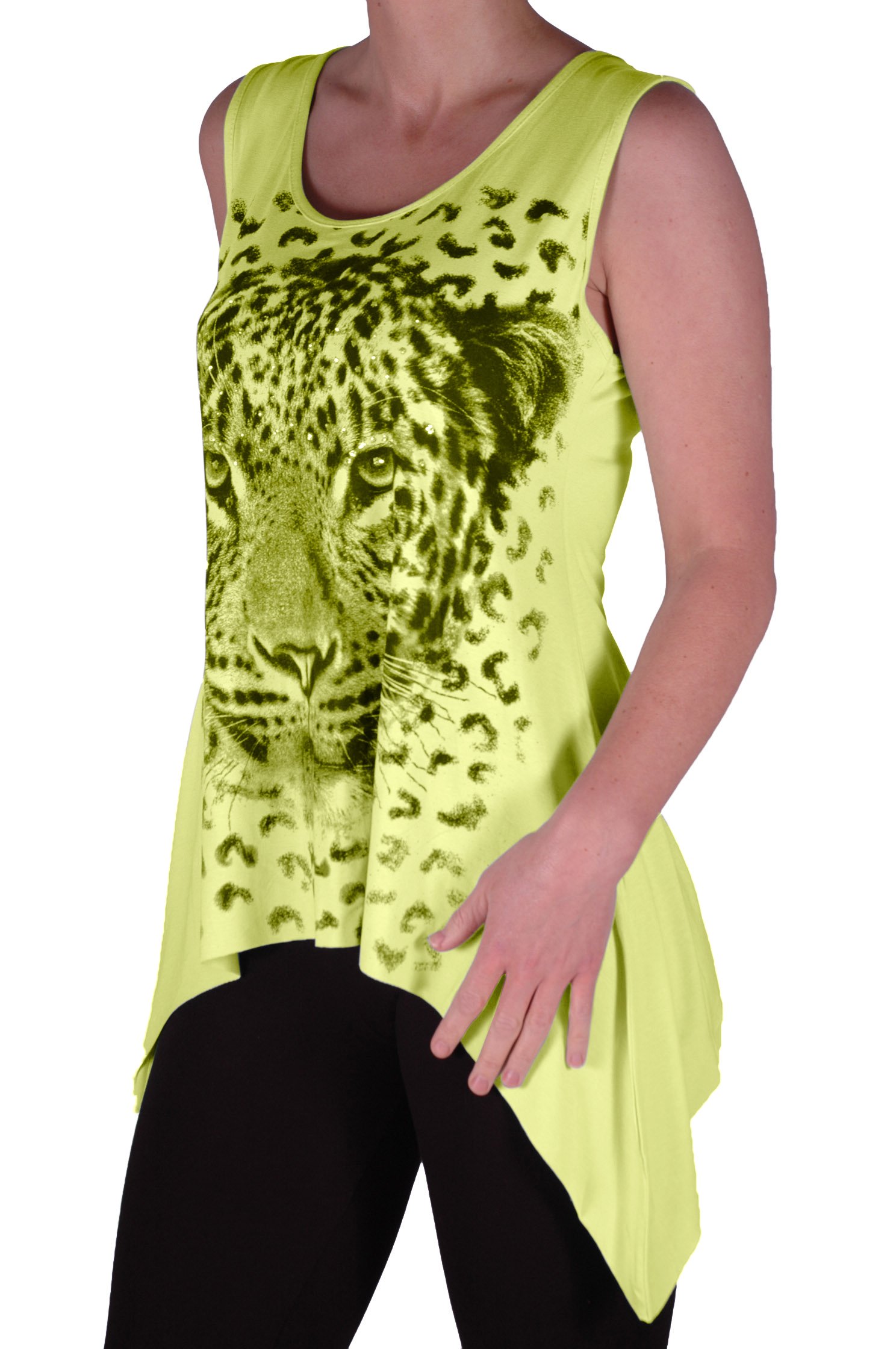 EyeCatch - Tiger Womens Long Draped Stretch Vest Top Ladies Plus Size Lime Green M/L