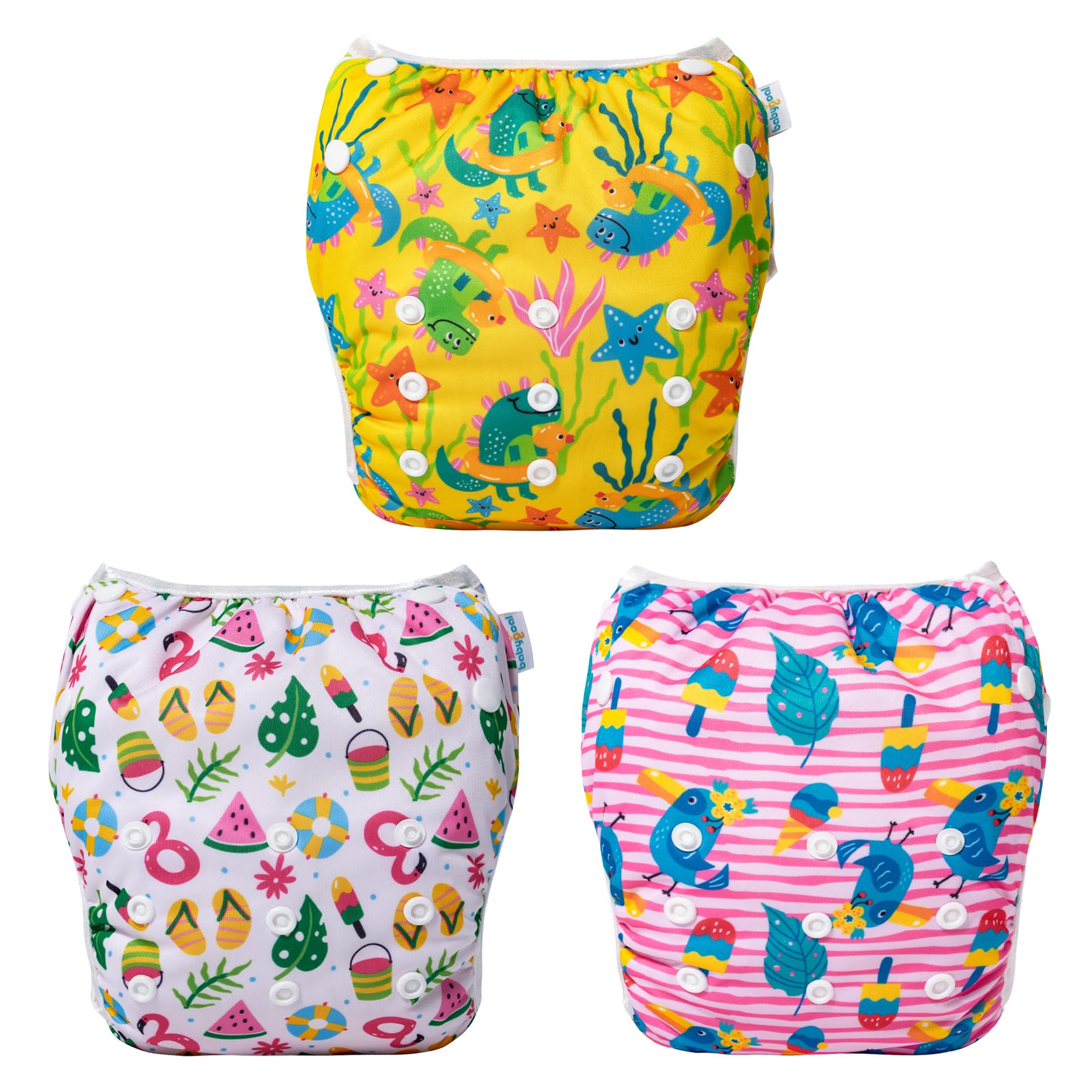 Babygoal Baby Girl Swim Diapers 3 Pack for 8M-3T Babies and Toddlers, Reusable Adjustable Washable for Swimming Lessons-Bird,Snake,Dinosaur