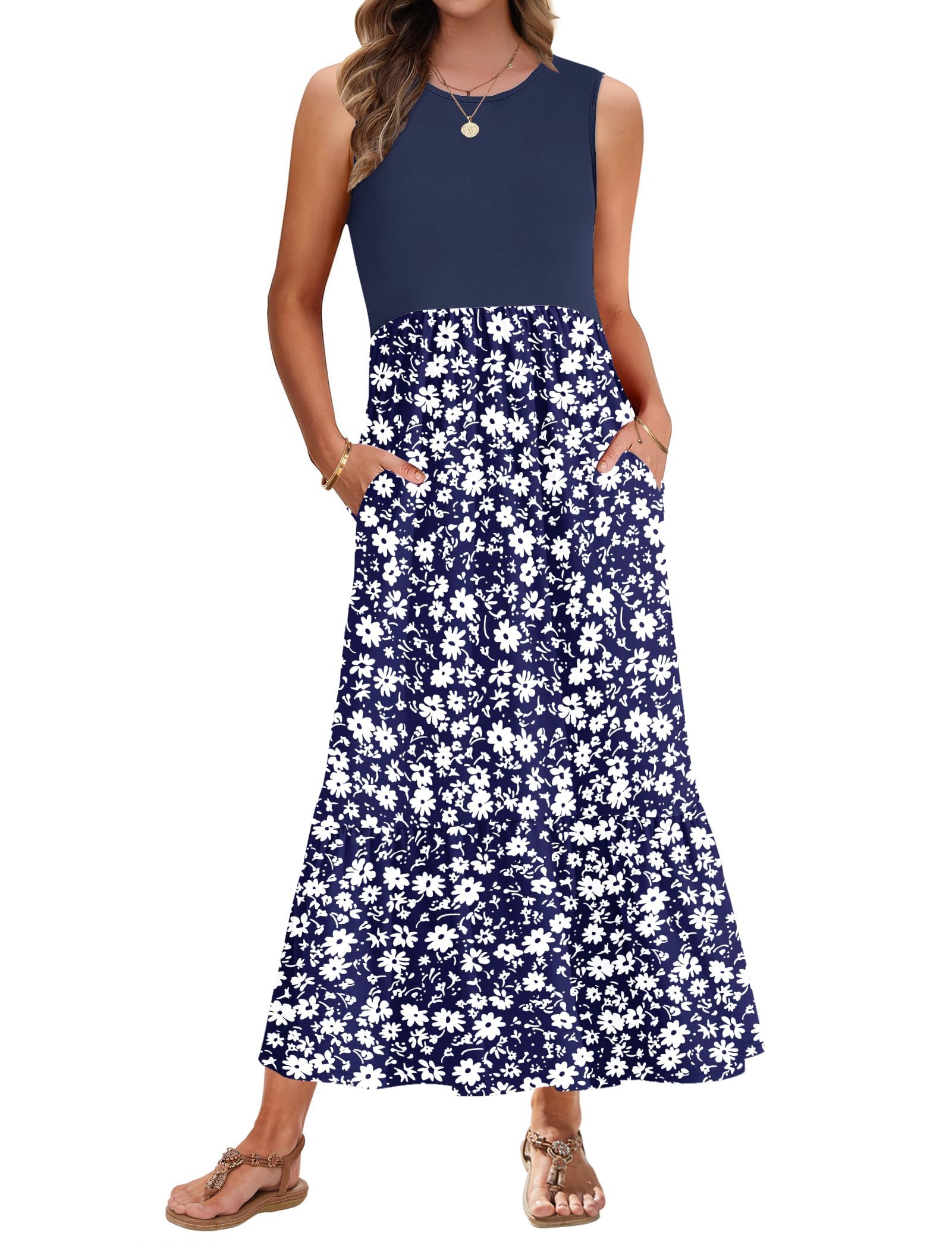 Auselily Women's Navy Blue Cosmos Summer Dresses For Uk Sleeveless Maxi Dresses Beach Coverups Sun Dresses Tiered Long Dress With Pockets Xxl