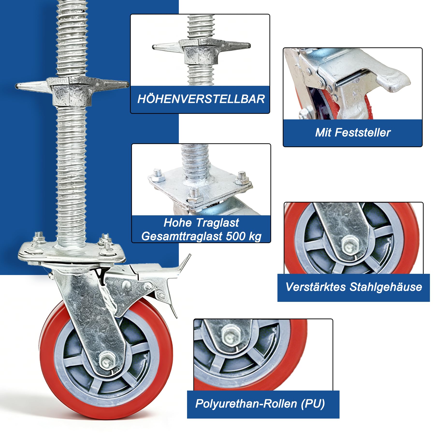 4 Stück Gerüstrollen Set 6 inch mit Stahlspindel,Gerüsträder 150 mm, Gerüstspindel Ø 30 mm,Lenkrolle 500 kg für Gerüst Rollgerüst