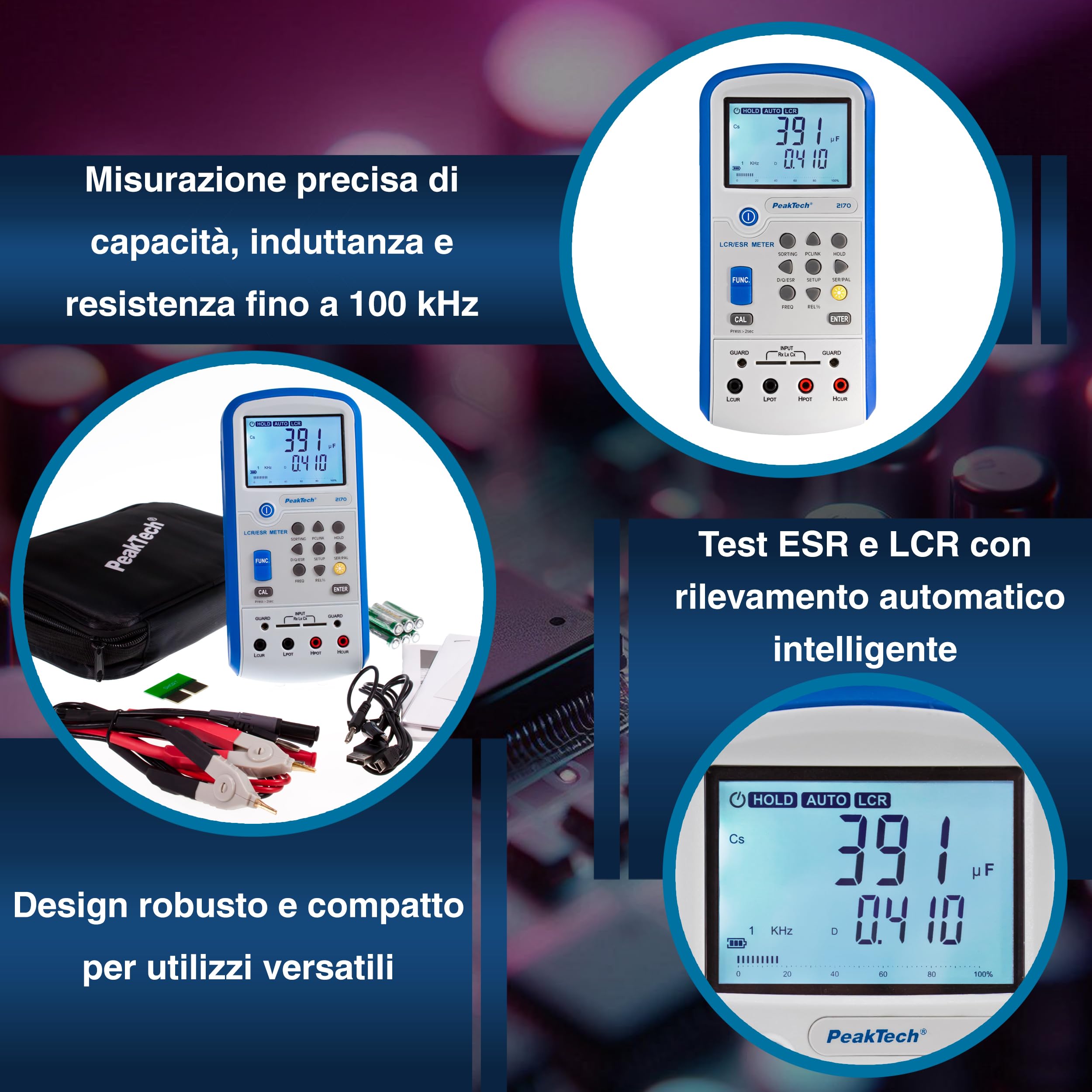 Peaktech 2170 Strumento di Misura Lcr-Esr, Lcr e Esr, con USB, Software Incluso, Rilevamento Automatico Lcr, Frequenza 1/120 Hz, 1/10/100 Khz, Multimetro Digitale, Schermo LCD, Grafico a Barre Lcr