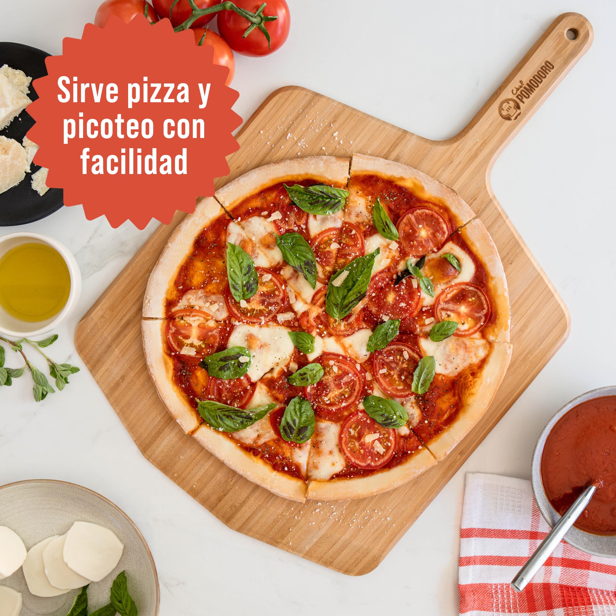 Chef Pomodoro Pala Pizza 41 cm, Tabla Pizza Horno de Madera de Bambú para Hornear Pizza Casera y Pan, Bandeja Madera Aperitivos, Embutidos y Quesos, Utensilios de Cocina para Pizzeros