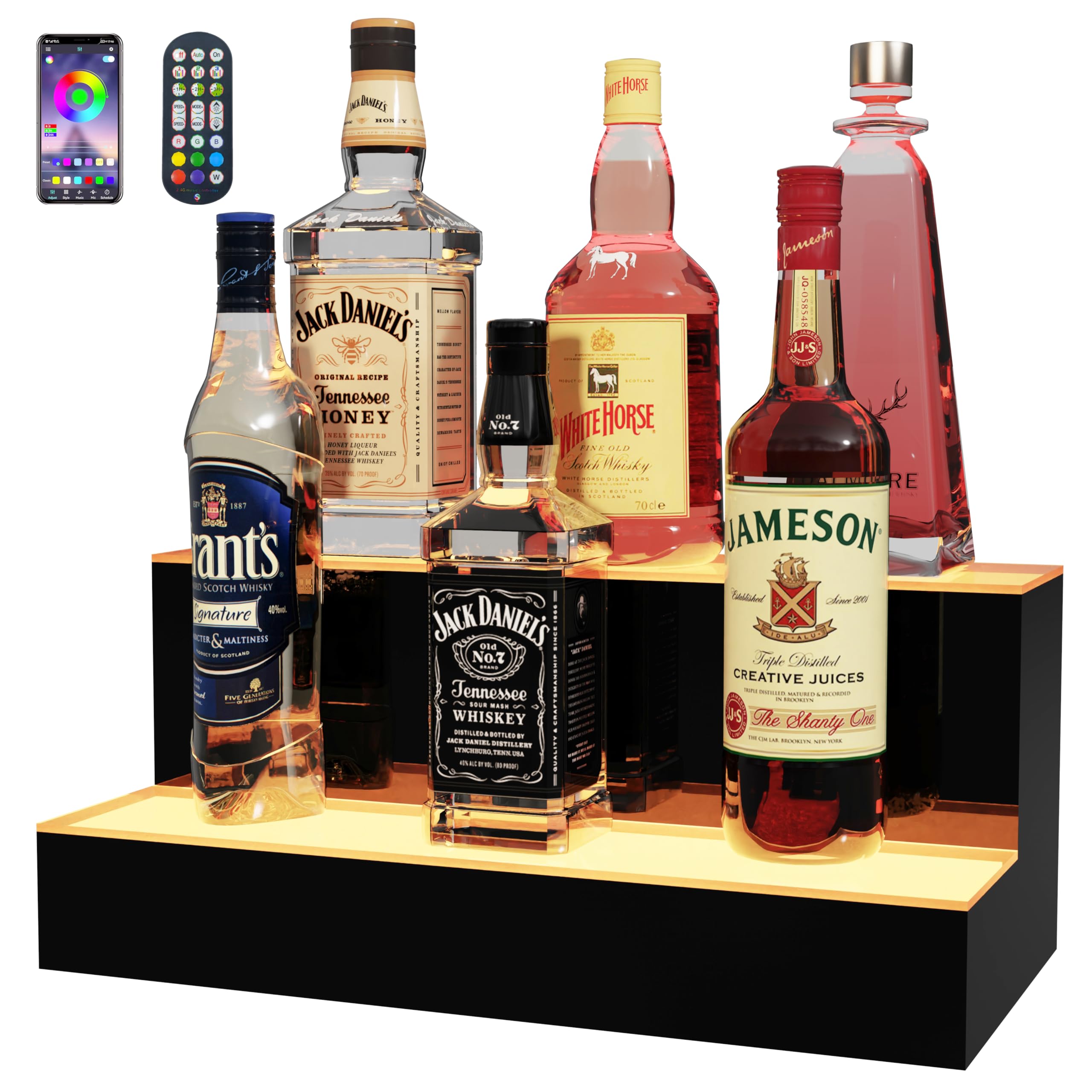 MESAlLUP 16 Inch 2 Tier Lighted Liquor Bottle Display Shelf, LED Bar Shelves with APP or Remote Control, Mulit Color Lighting for Home Mini Bars Decor, Restaurants &amp; Party Use, Acrylic Stand